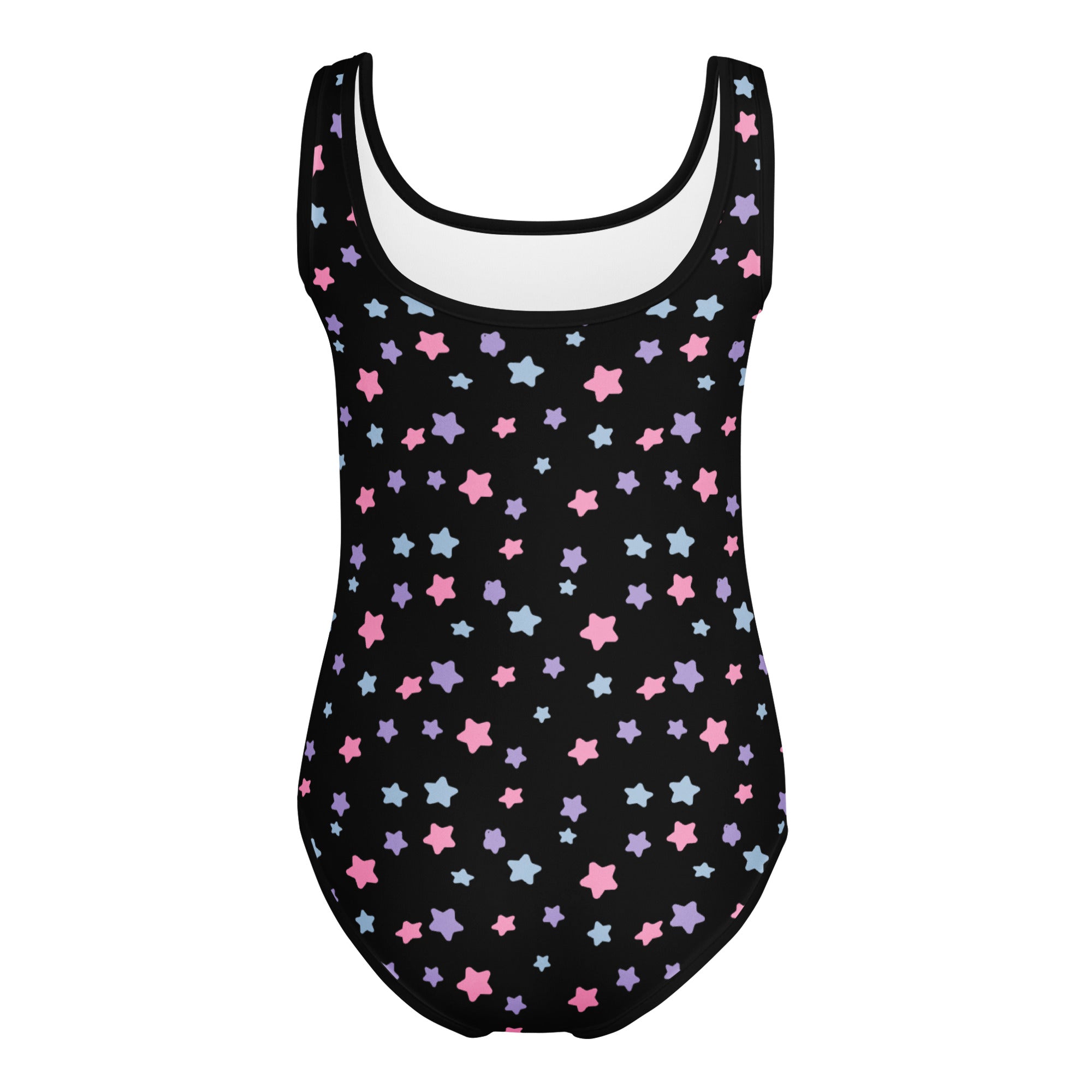 Girls pastel star buttery soft one-piece swimsuit with pink light blue and lavender stars quick drying for dance and gymnastics