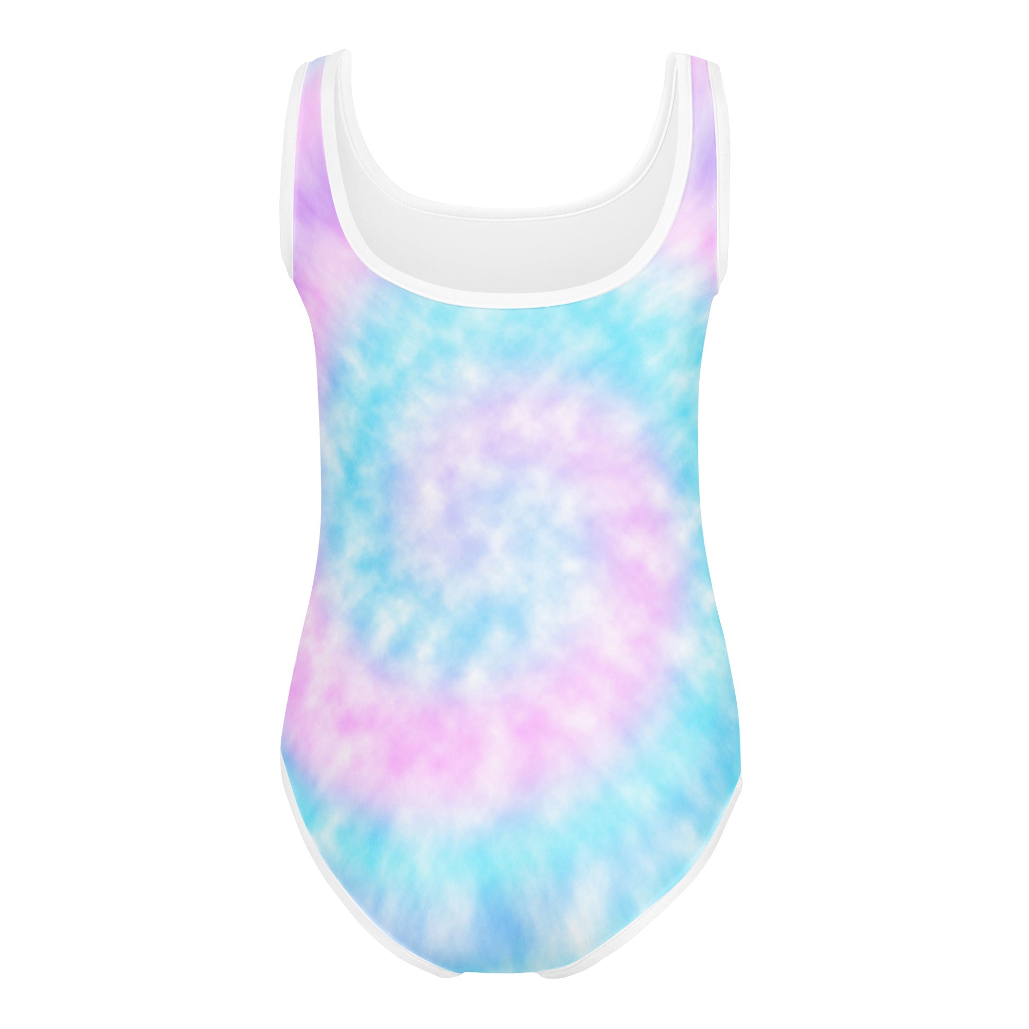 Girls pastel tie dye one-piece leotard with white scoop neckline and trim made of buttery soft quick drying fabric for dance and gymnastics