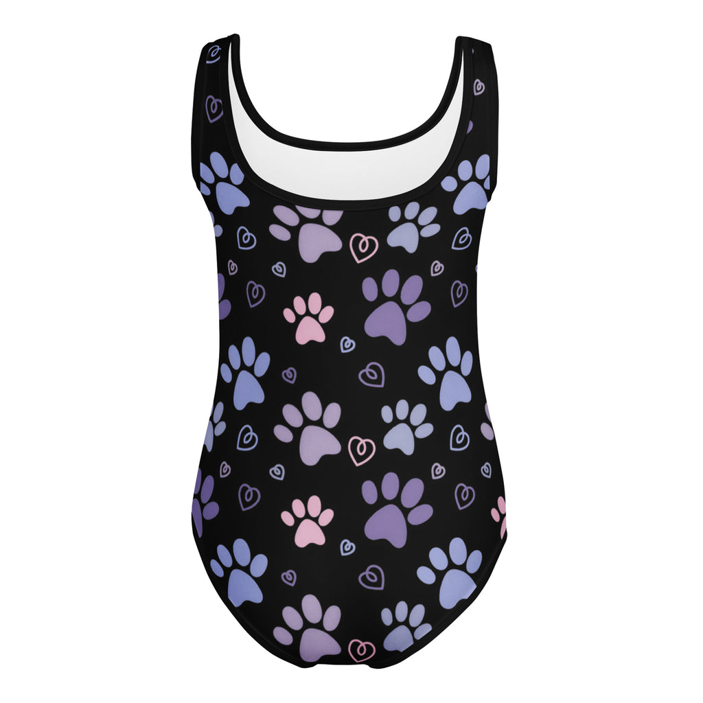 Black girls paw print buttery soft leotard with pastel paw and heart pattern white lining quick drying for dance