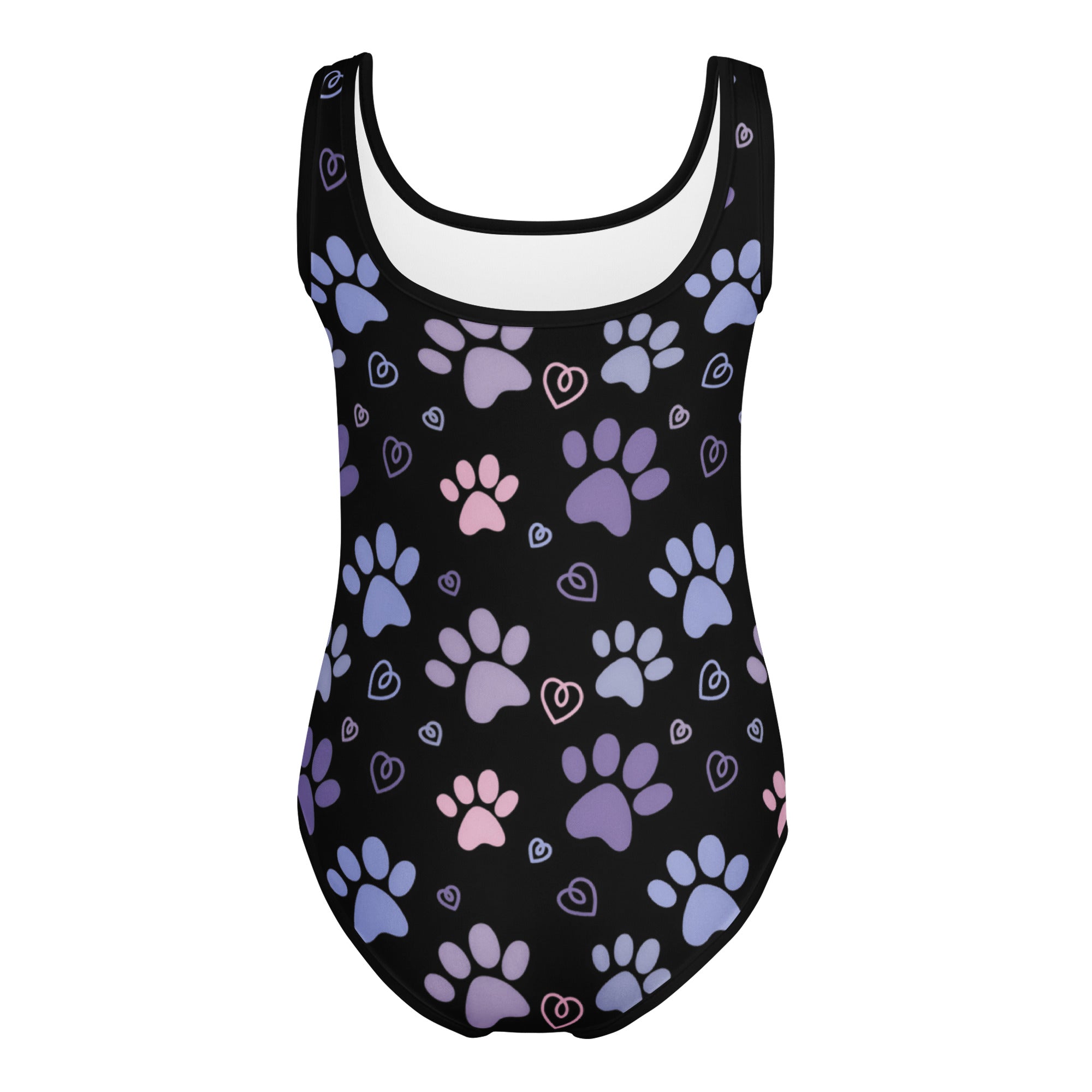 Black girls paw print buttery soft leotard with pastel paw and heart pattern white lining quick drying for dance
