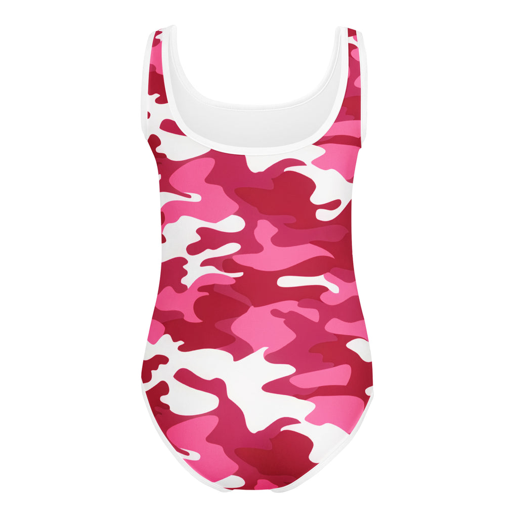Girls pink camouflage buttery soft one-piece swimsuit with scoop neckline quick drying for dance and gymnastics