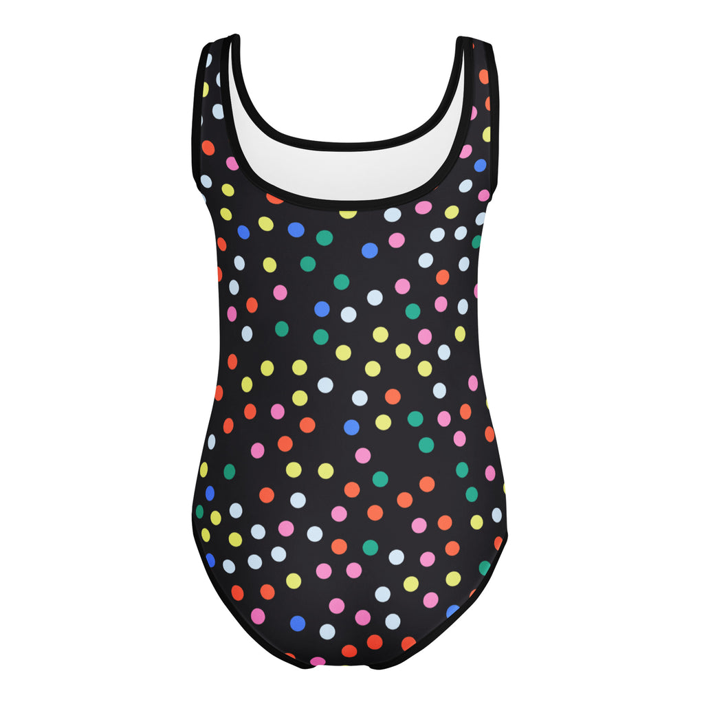 Girls rainbow polka dots buttery soft black one-piece leotard with white lining quick drying for dance and gymnastics