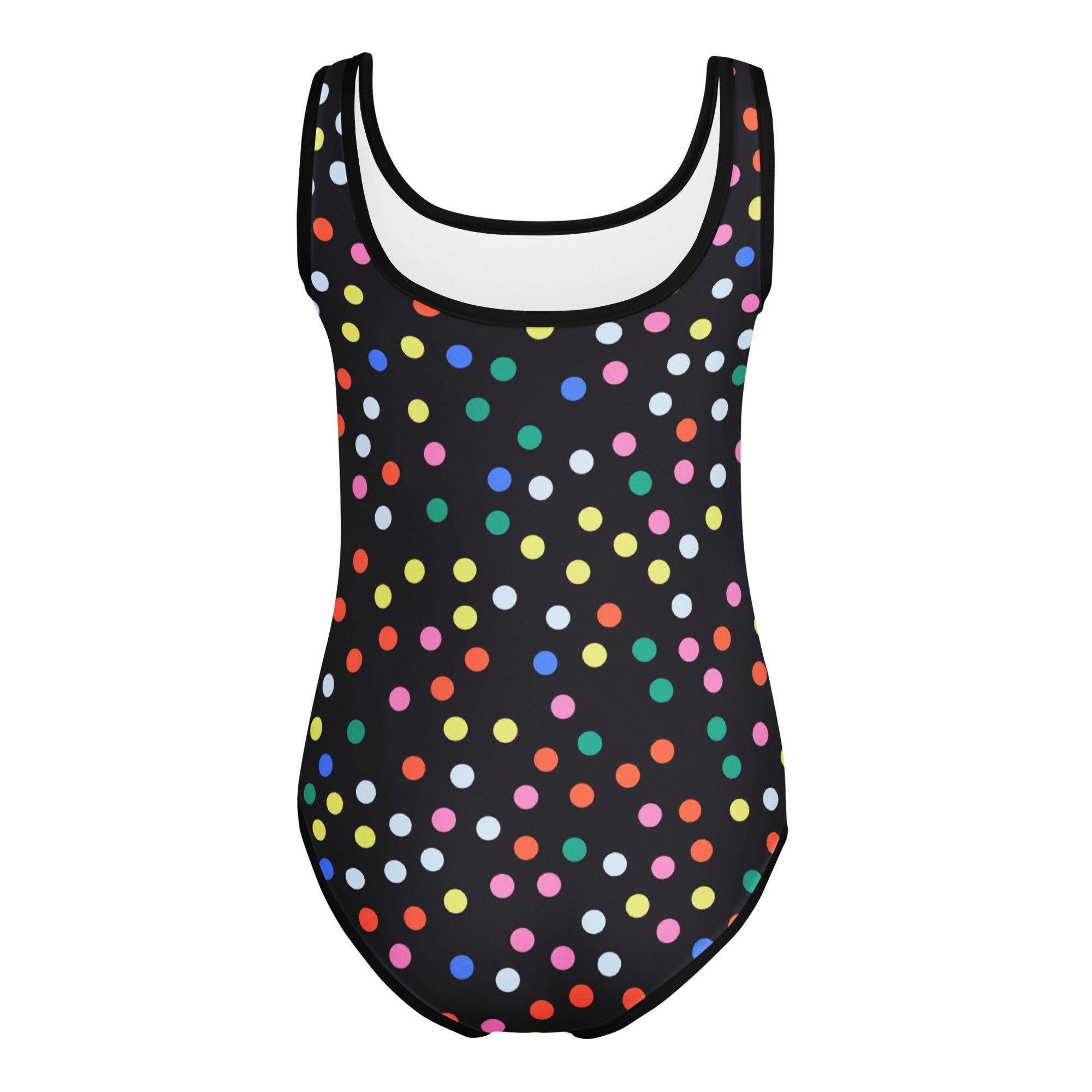 Girls rainbow polka dots buttery soft black one-piece leotard with white lining quick drying for dance and gymnastics