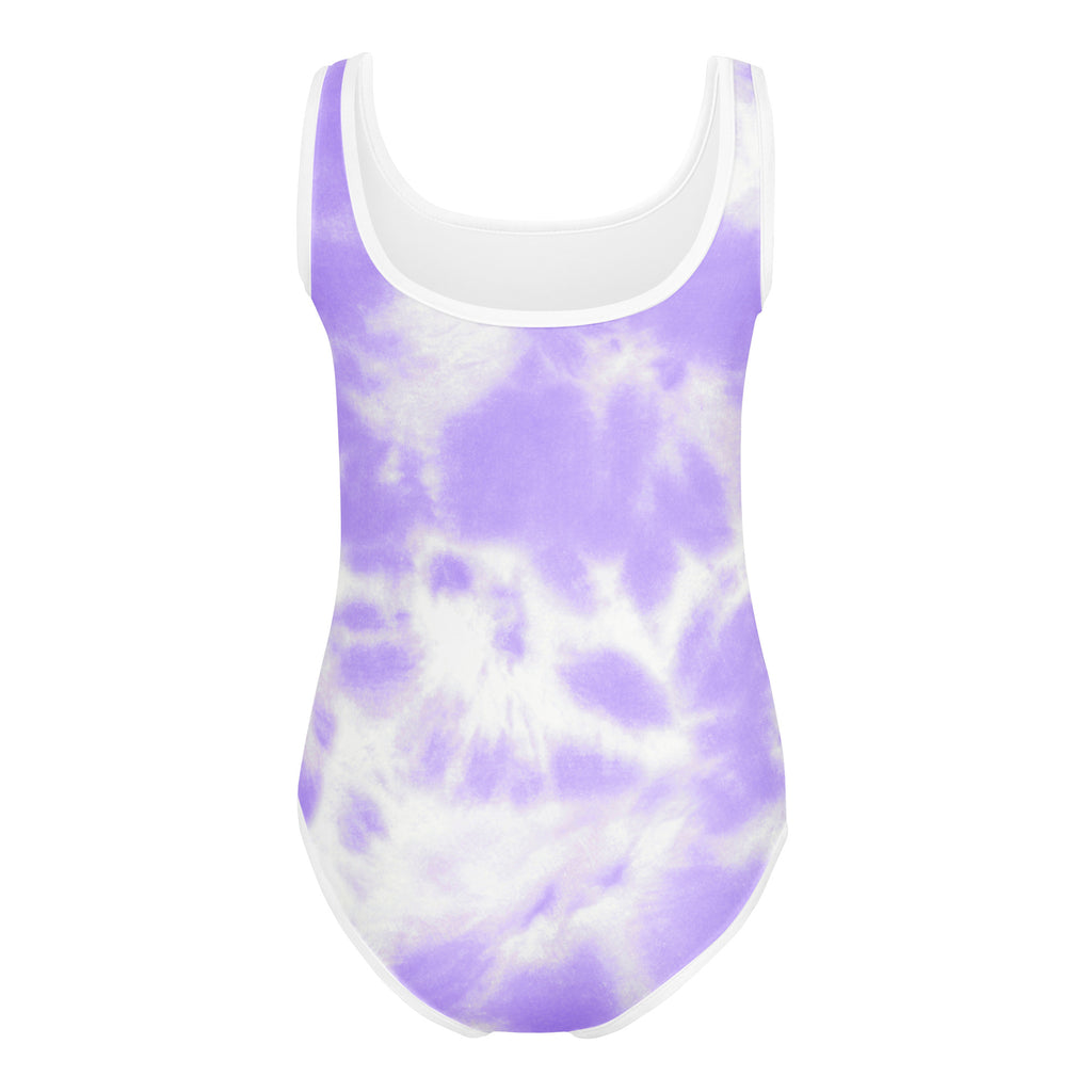 Girls purple tie dye buttery soft lavender and white one-piece leotard with scoop neckline for dance and gymnastics