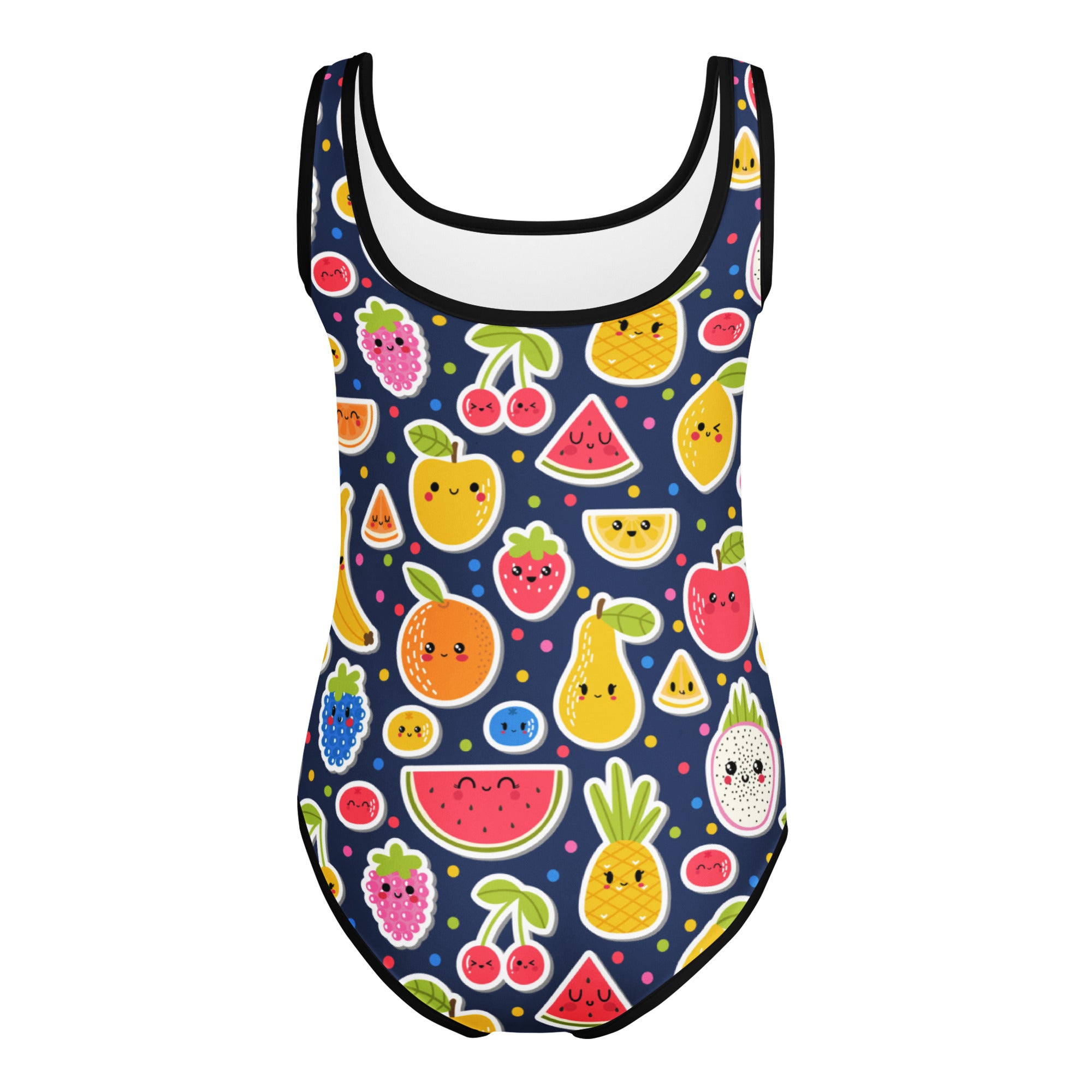 A navy blue girls emoji fruit buttery soft leotard with cartoon fruit pattern quick drying for dance and gymnastics
