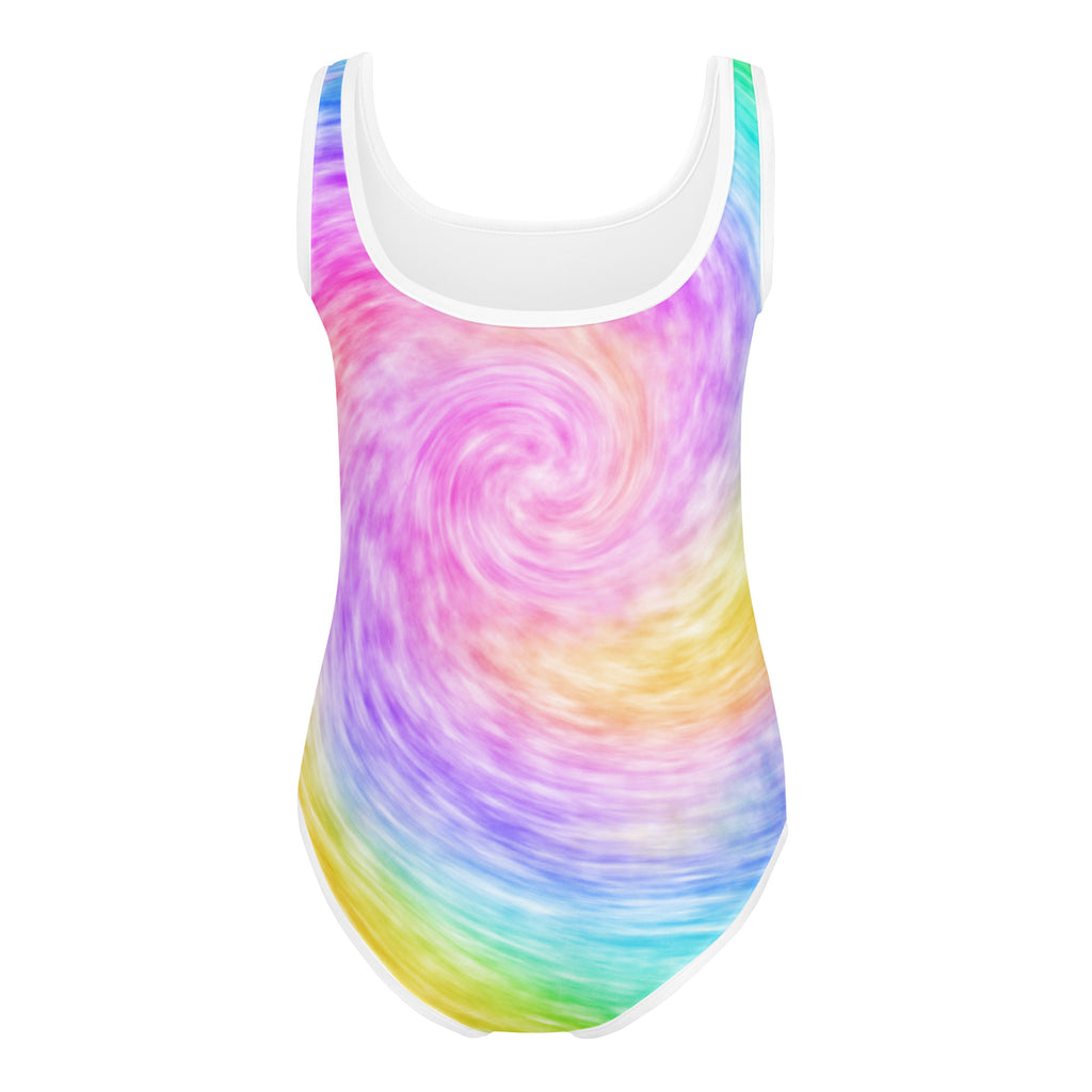 Girls rainbow tie dye buttery soft leotard with white scoop neckline and trim for dance and gymnastics