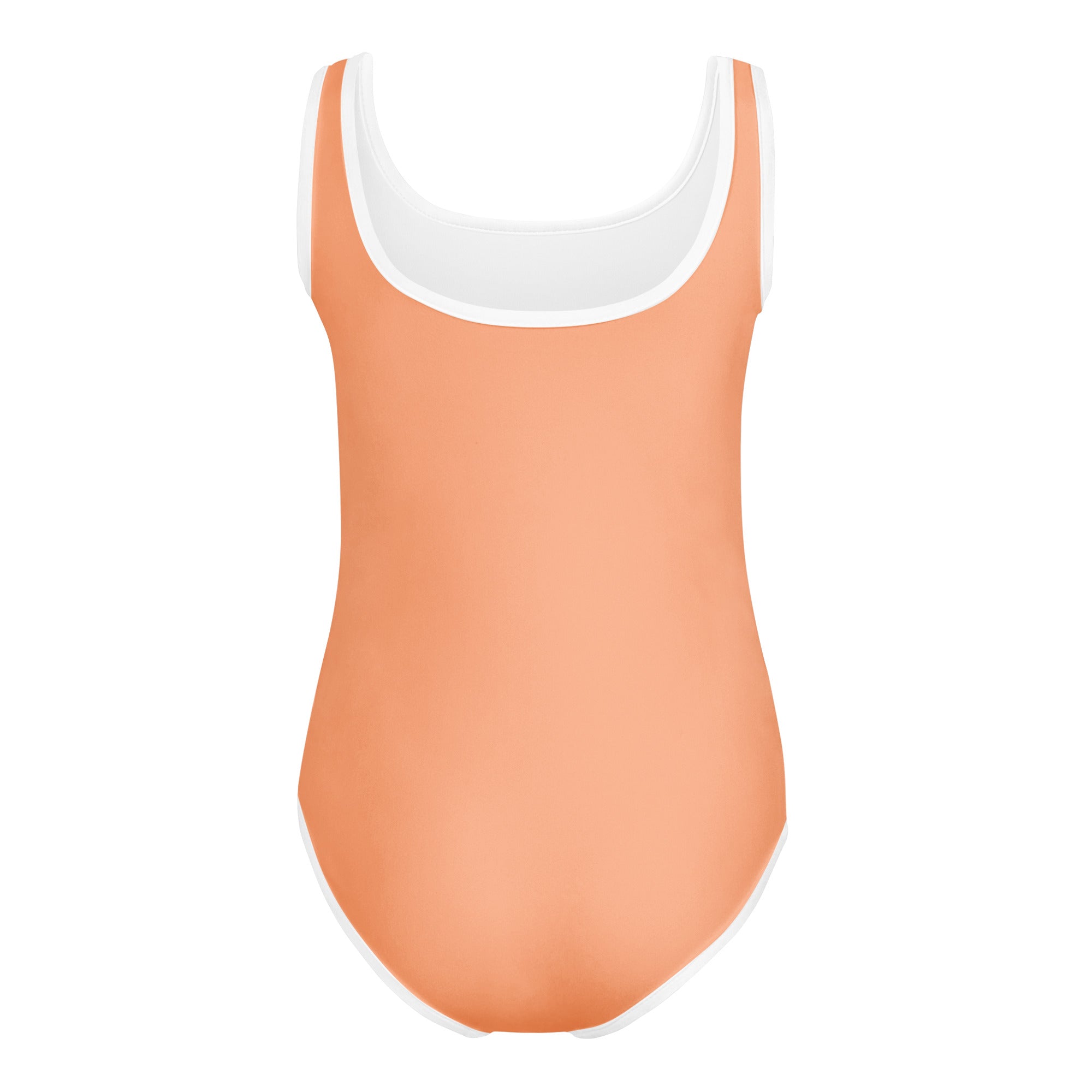 Girls peach-colored one-piece leotard with white trim, buttery soft and quick-drying for dance and gymnastics
