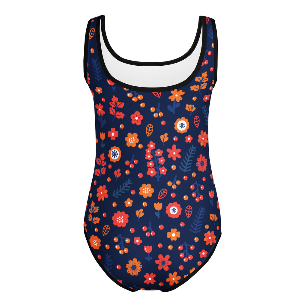 Girls navy floral buttery soft quick drying leotard with vibrant orange red and white flowers for dance and gymnastics