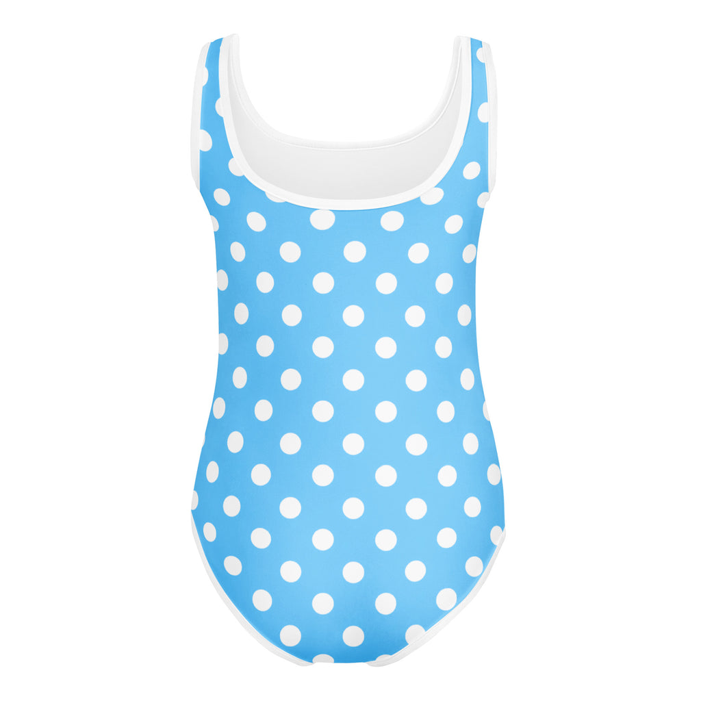 Girls blue polka dots buttery soft one-piece swimsuit with white trim quick drying for dance and gymnastics