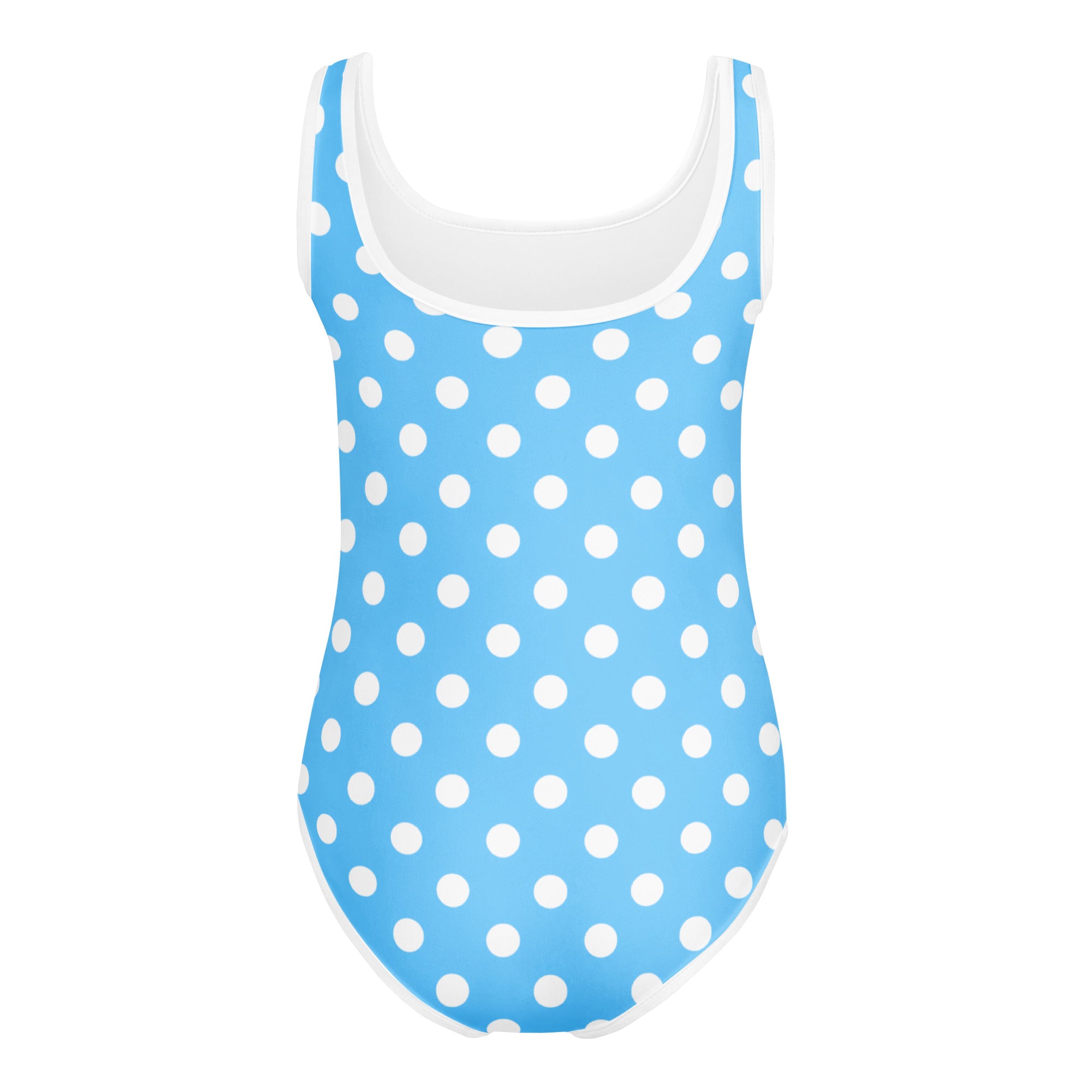Girls blue polka dots buttery soft one-piece swimsuit with white trim quick drying for dance and gymnastics