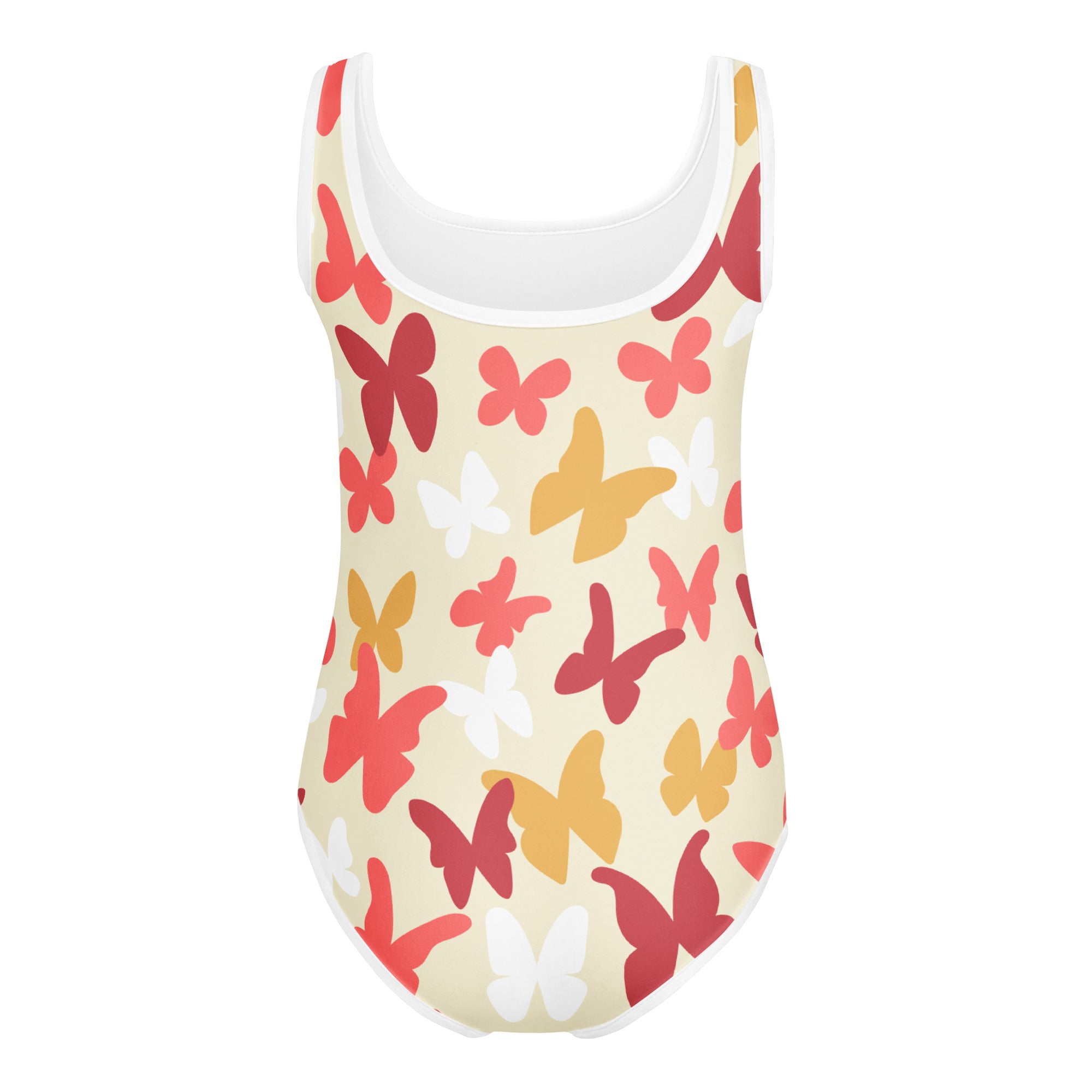 A girls autumn butterflies buttery soft one-piece swimsuit with vibrant red pink yellow butterfly pattern on cream background