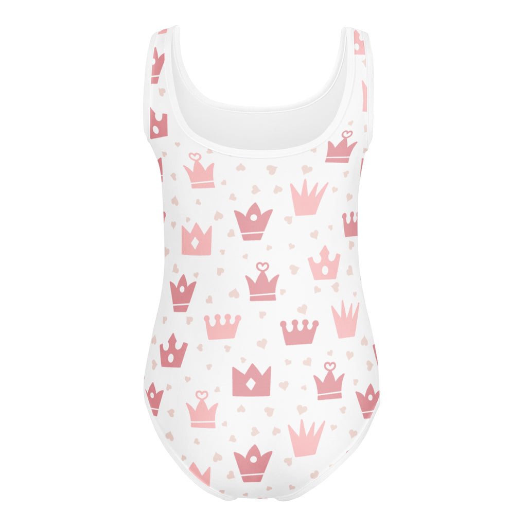 White one-piece swimsuit with pink crowns and tiny hearts buttery soft quick drying for dance and gymnastics