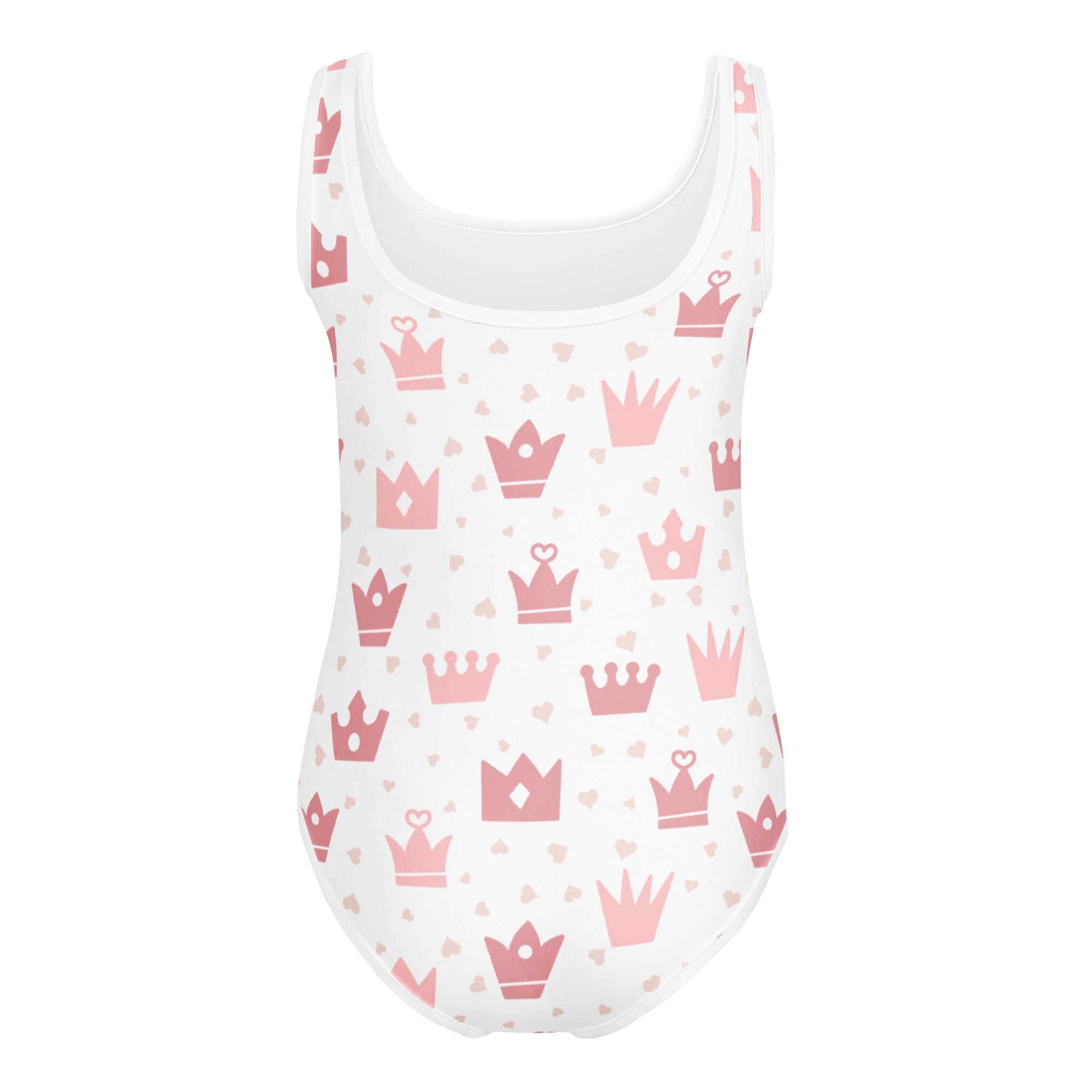 White one-piece swimsuit with pink crowns and tiny hearts buttery soft quick drying for dance and gymnastics