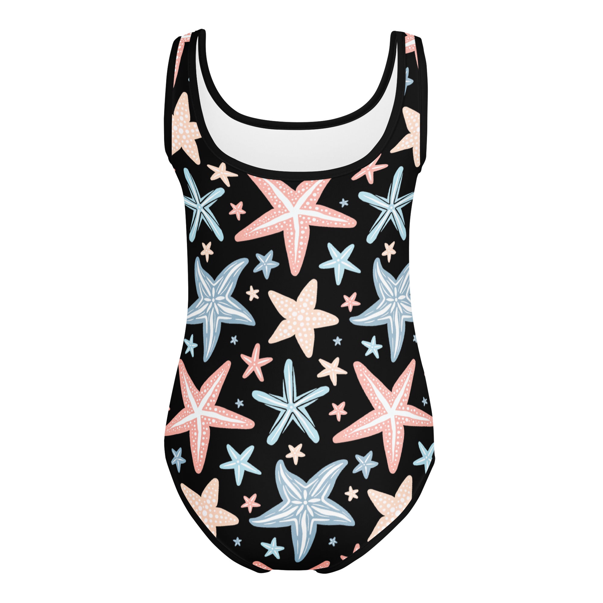 Girls starfish buttery soft leotard in black with pastel starfish pattern quick drying for dance and gymnastics