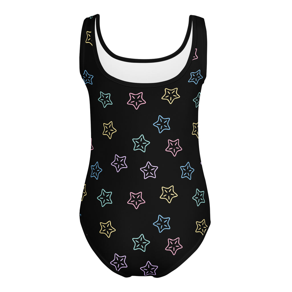 Girls stars buttery soft black one-piece swimsuit with white lining and neon star outlines for dance and gymnastics