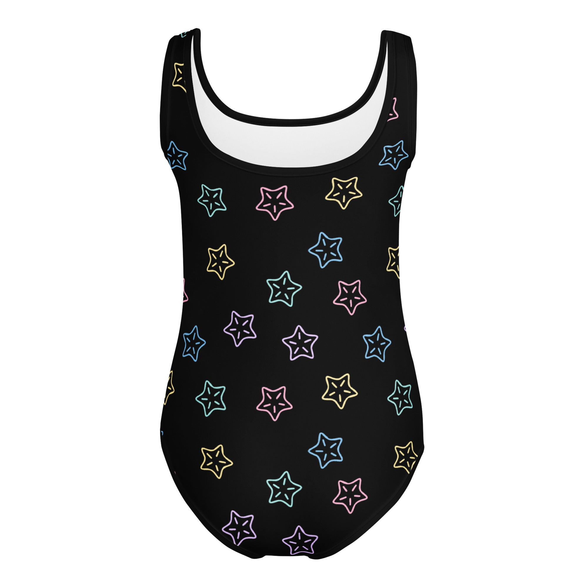 Girls stars buttery soft black one-piece swimsuit with white lining and neon star outlines for dance and gymnastics