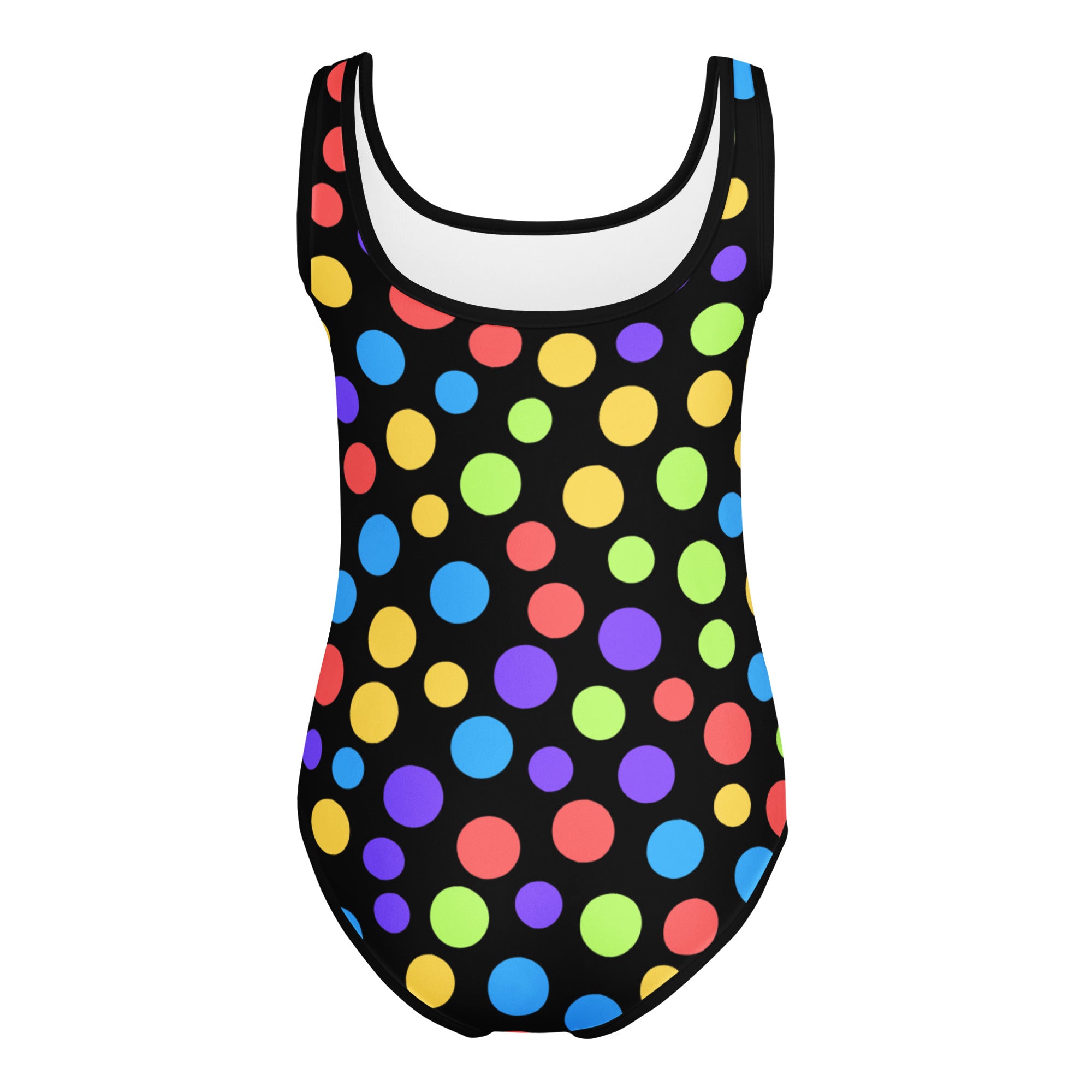 Girls colorful rainbow polka dots black one-piece buttery soft quick drying leotard for dance and gymnastics