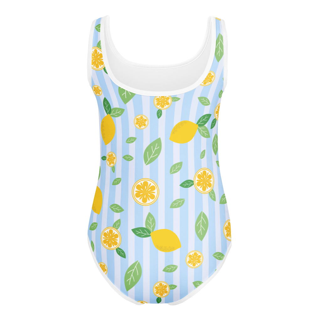 Girls lemon stripe buttery soft leotard in light blue with lemon and leaf pattern, white trim, quick drying for dance and gymnastics