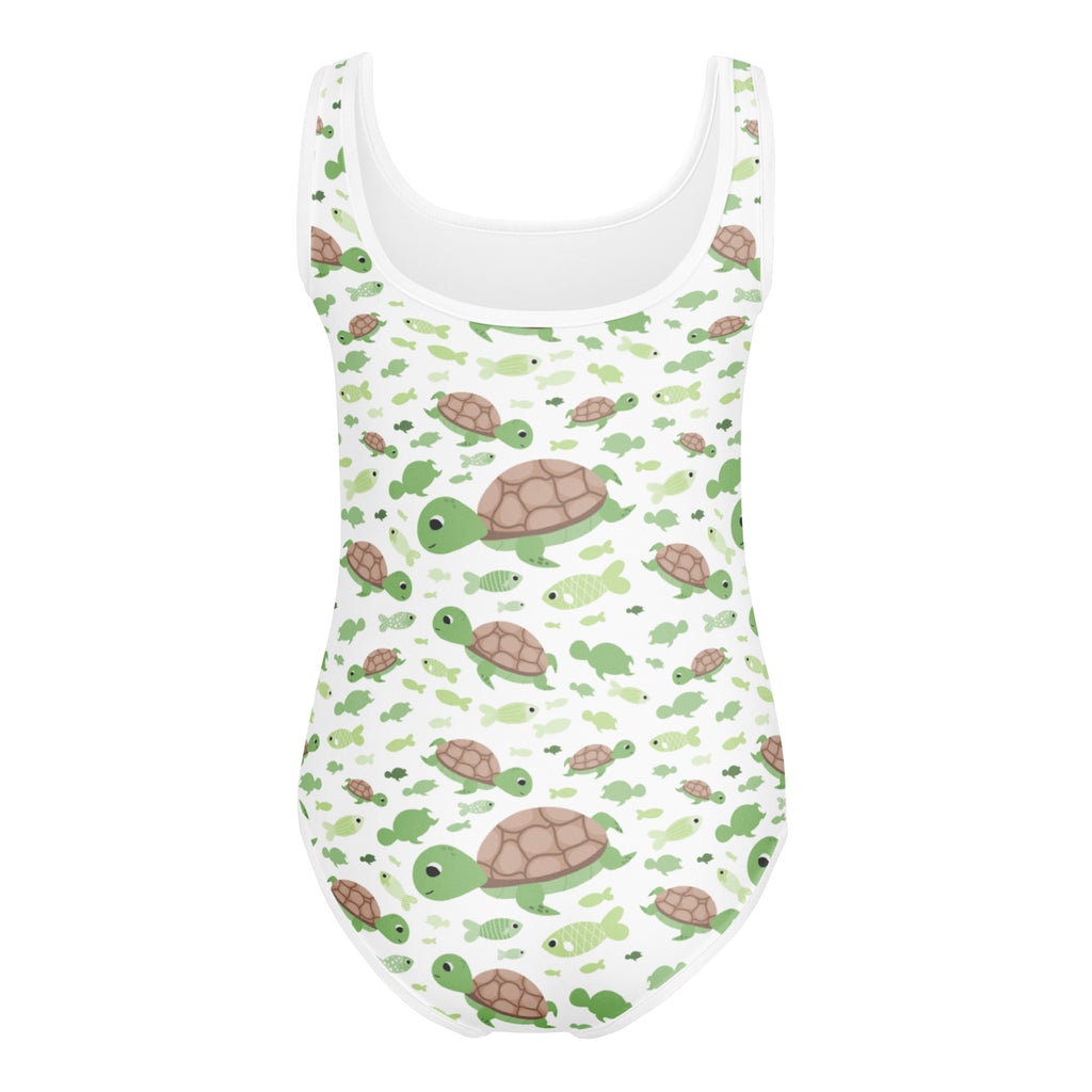 White girls leotard with green and brown turtle pattern quick drying buttery soft for dance and gymnastics