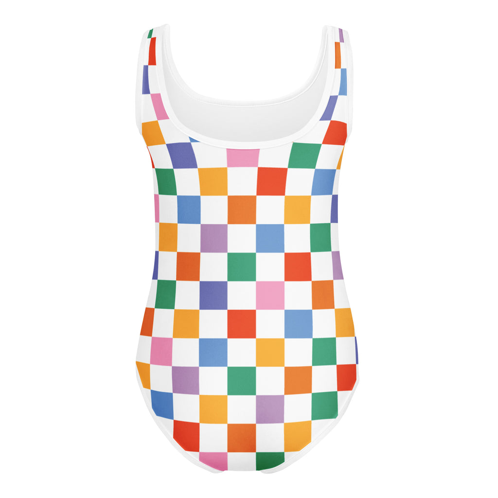 Girls colorful checkerboard buttery soft leotard with vibrant rainbow squares on white quick drying fabric for dance