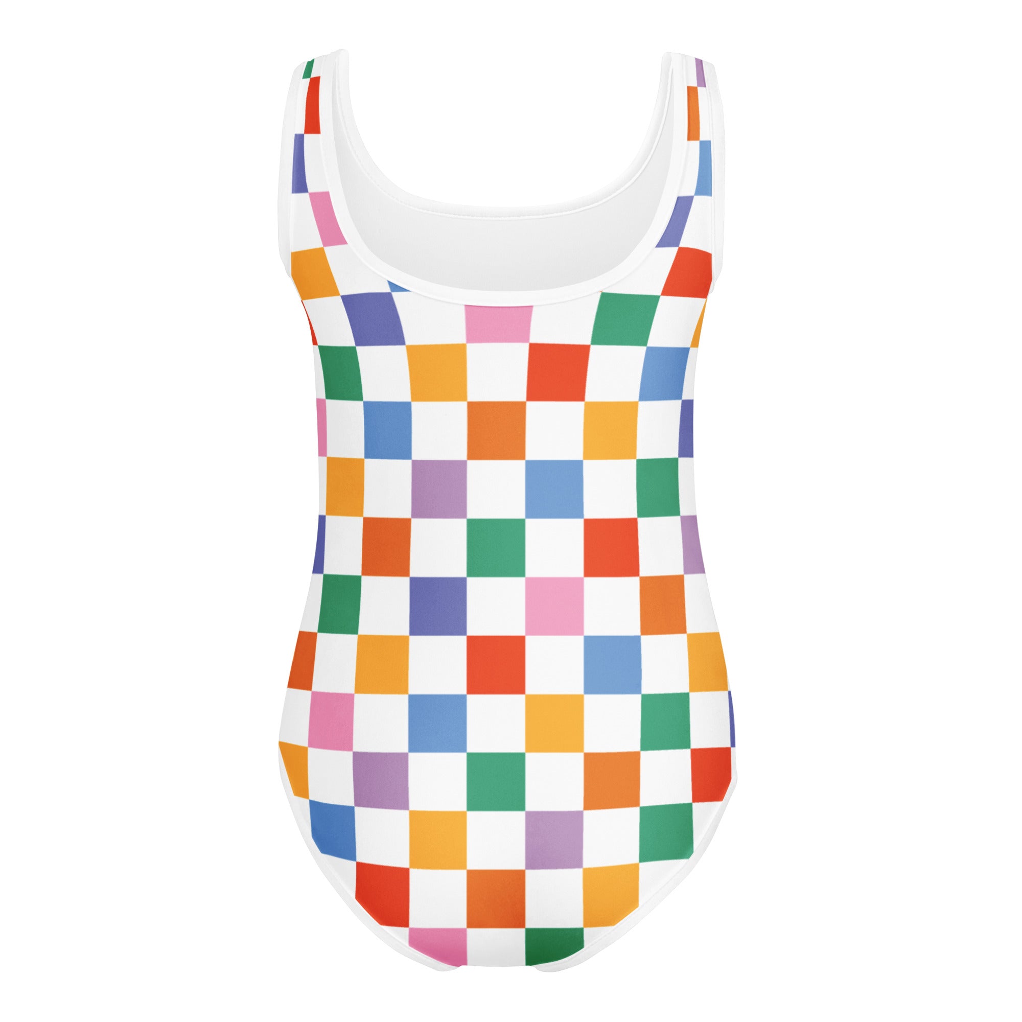 Girls colorful checkerboard buttery soft leotard with vibrant rainbow squares on white quick drying fabric for dance