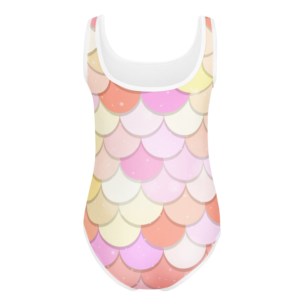 Girls pink mermaid pastel scale leotard with white scoop neckline buttery soft quick drying for dance and gymnastics