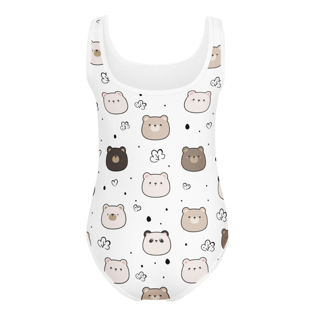 White one-piece swimsuit with playful brown bear faces and hearts in buttery soft fabric for dance and gymnastics