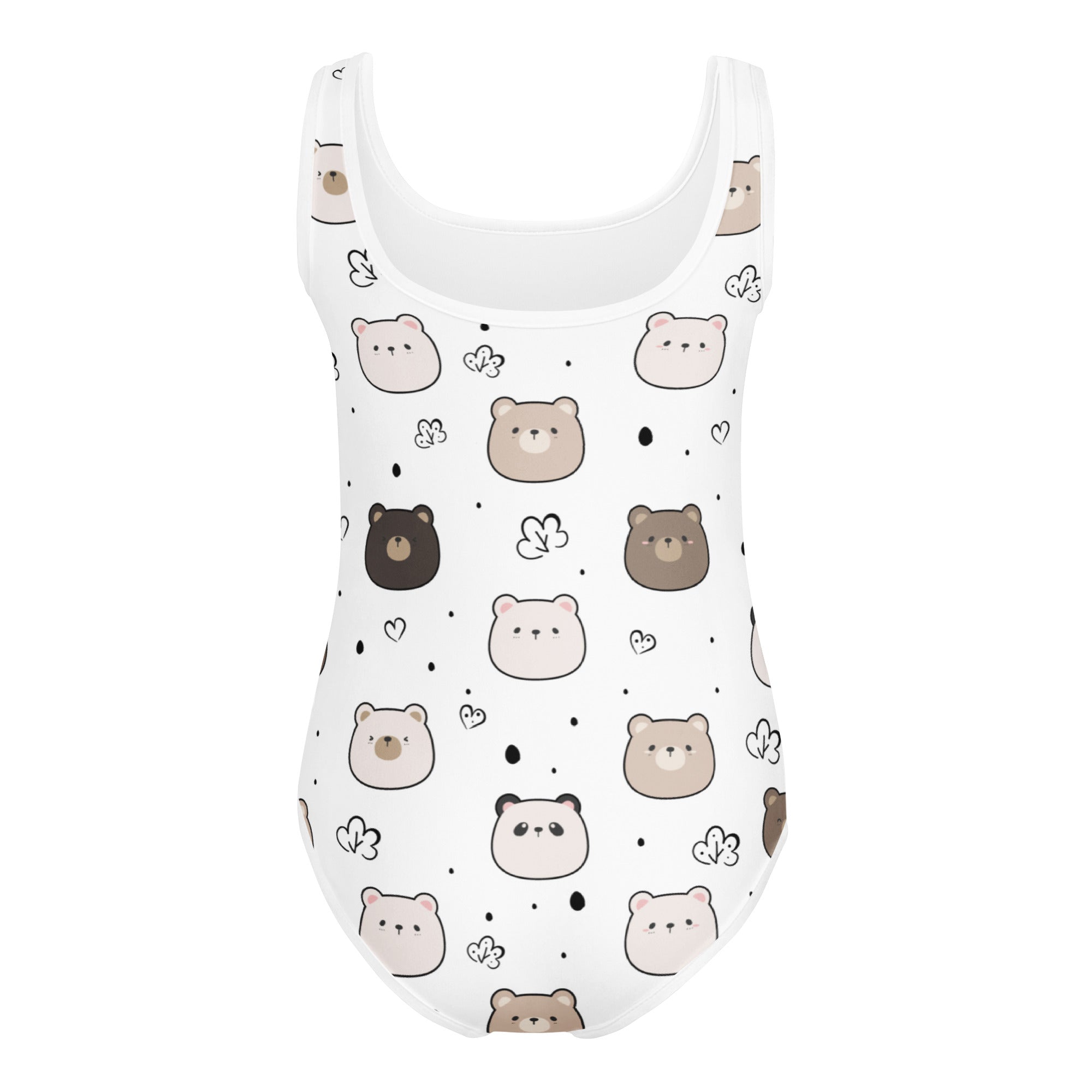 White one-piece swimsuit with playful brown bear faces and hearts in buttery soft fabric for dance and gymnastics