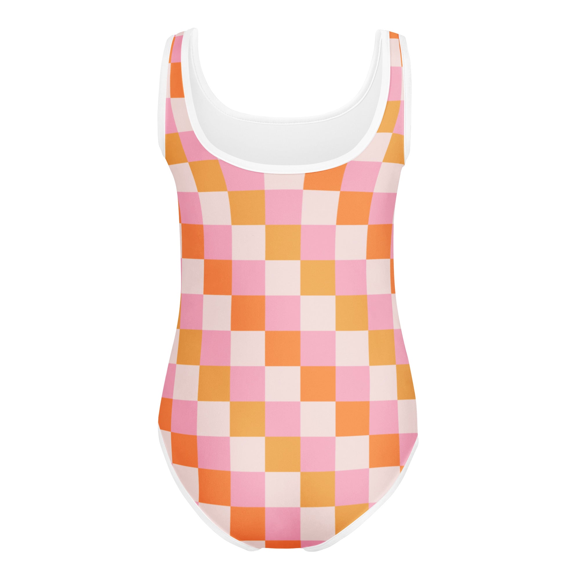 Girls pink and orange checkered buttery soft quick drying one-piece leotard with white trim for dance and gymnastics