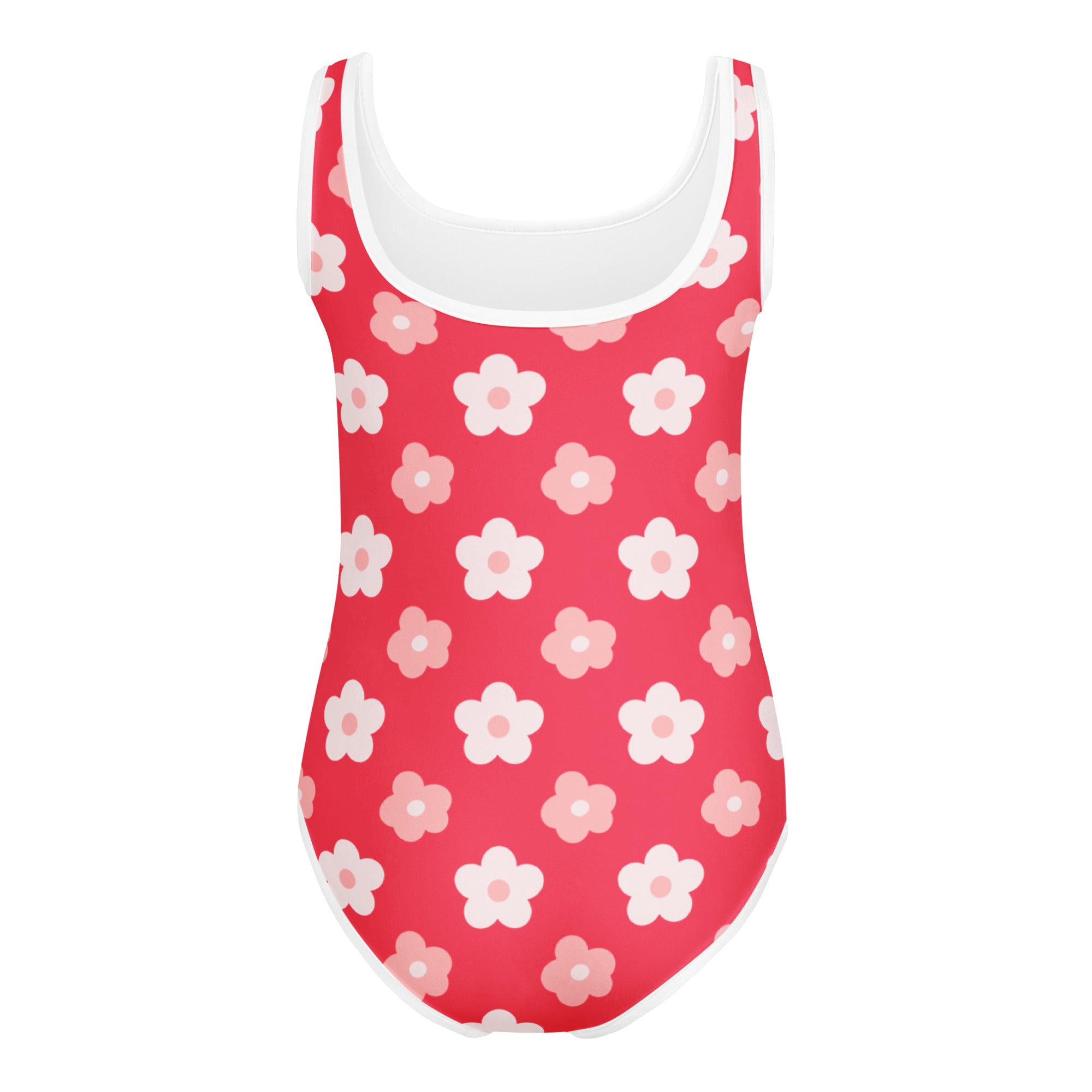 A vibrant red girls pink retro flower buttery soft leotard with white floral pattern and trim for dance and gymnastics