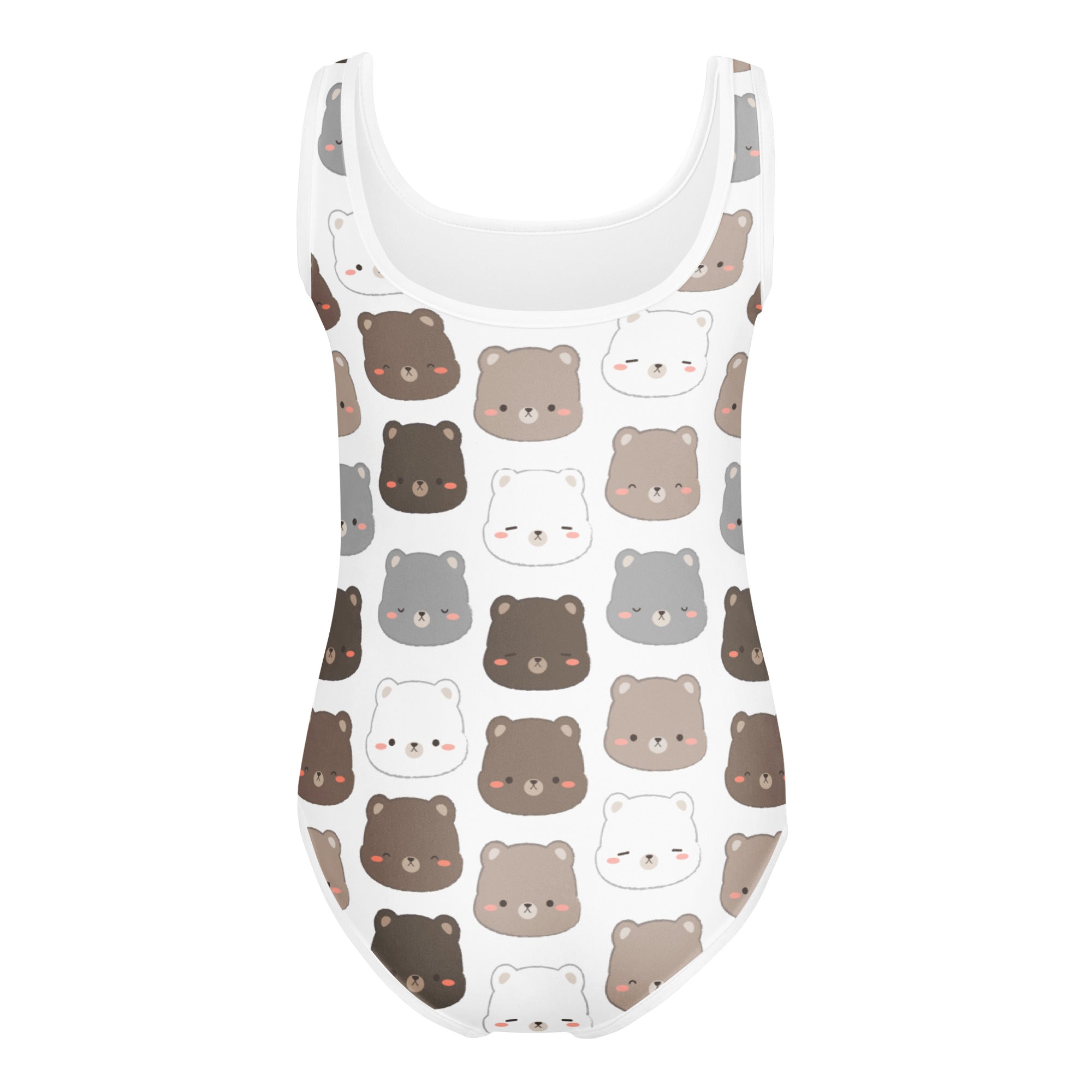 White one-piece swimsuit with playful cartoon bear faces in brown gray and white perfect for dance and gymnastics
