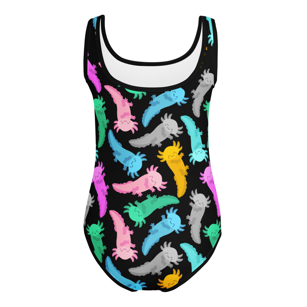 Girls colorful axolotl buttery soft black one-piece swimsuit with white lining and cartoon prints for dance and gymnastics