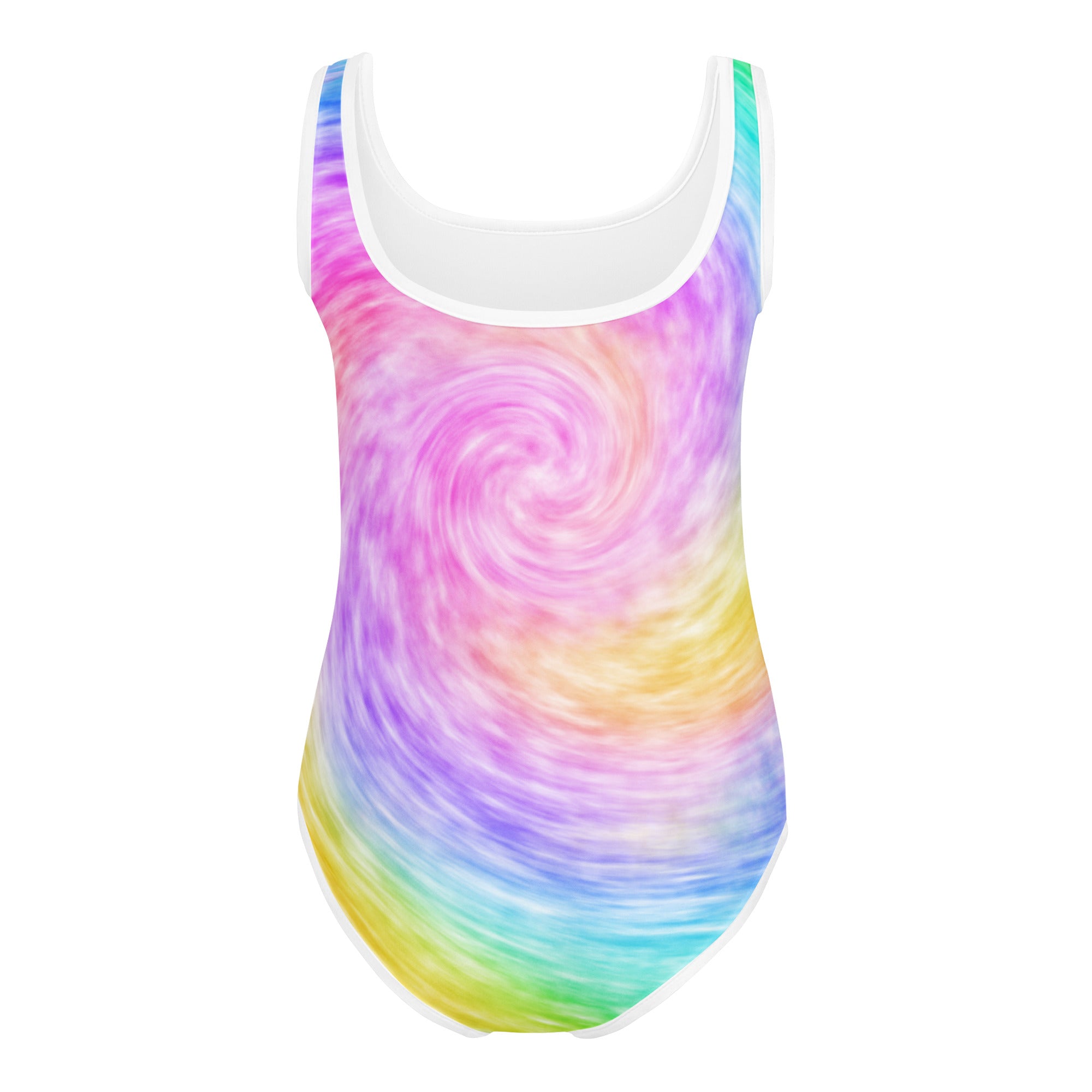 Rainbow tie dye birthday girl buttery soft leotard with vibrant rainbow swirl and white scoop neckline for dance and gymnastics