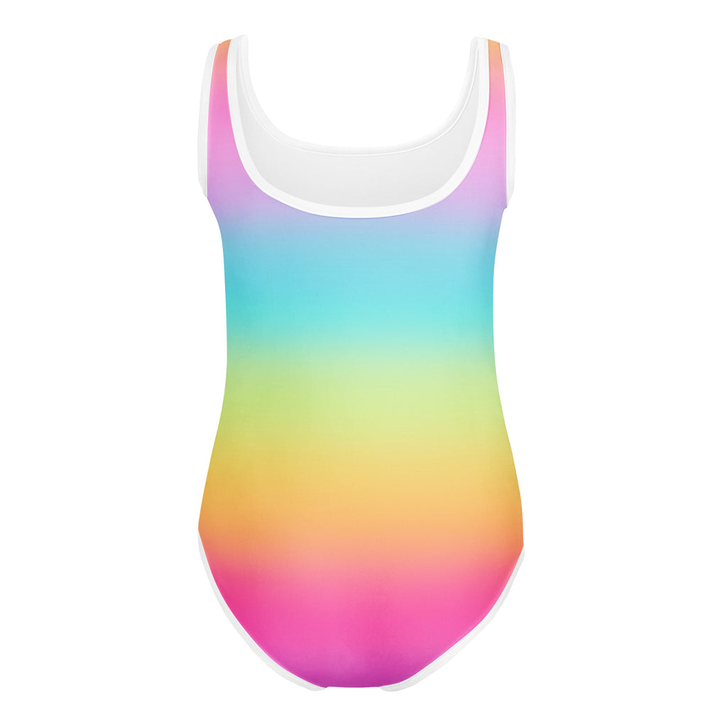 A vibrant rainbow gradient buttery soft leotard with white trim for dance and gymnastics quick drying