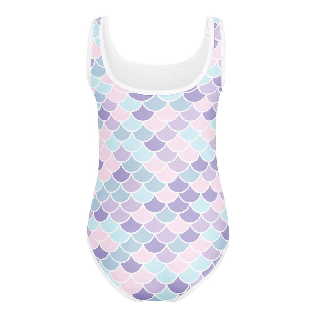 Girls pastel mermaid scale patterned buttery soft one-piece leotard with white scoop neckline for dance and gymnastics