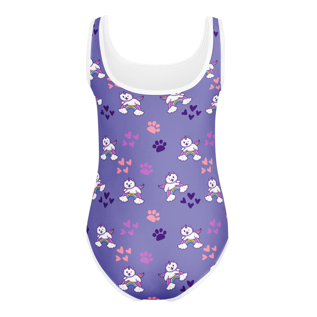 Girls purple caticorn buttery soft leotard with white trim and cartoon unicorn pattern for dance and gymnastics