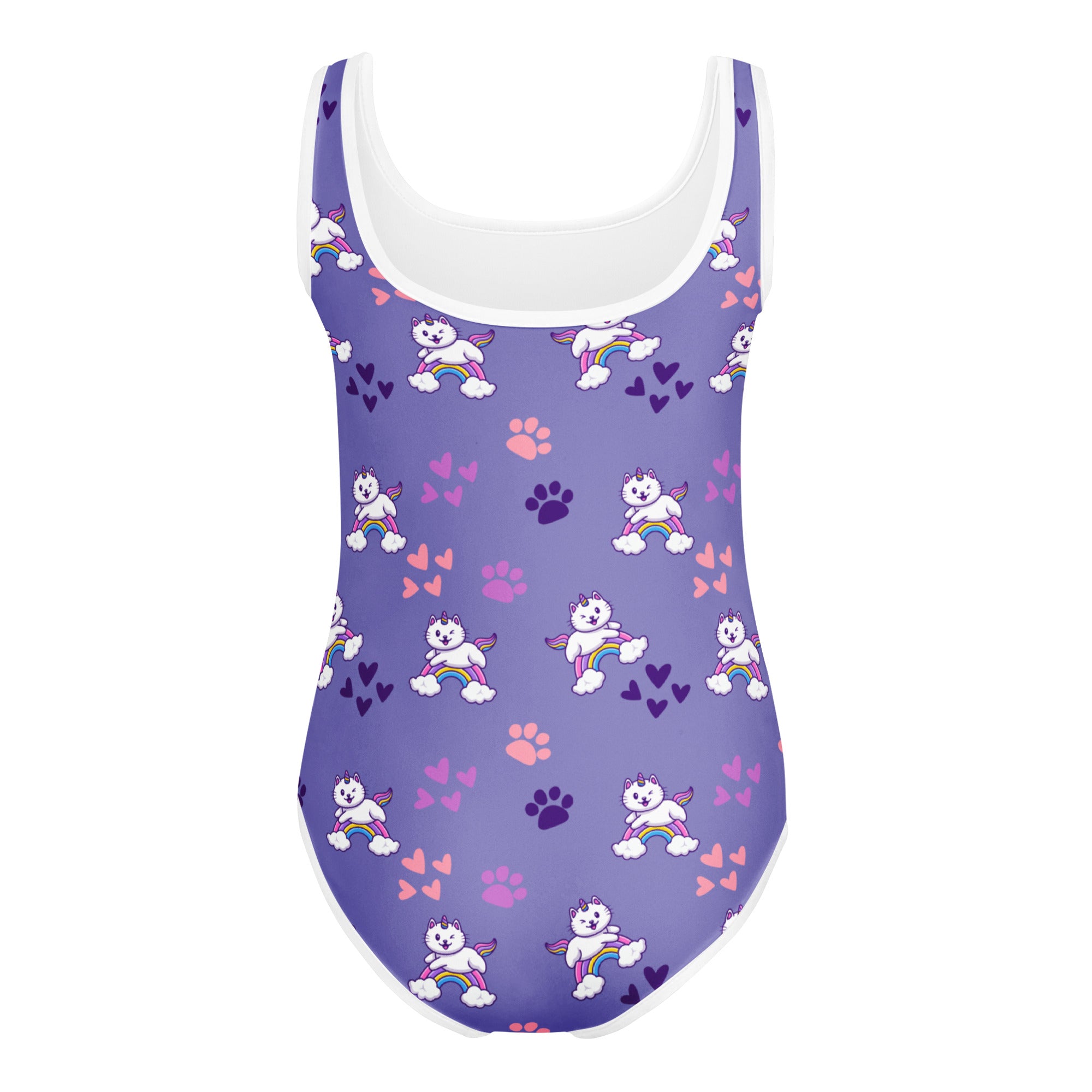 Girls purple caticorn buttery soft leotard with white trim and cartoon unicorn pattern for dance and gymnastics