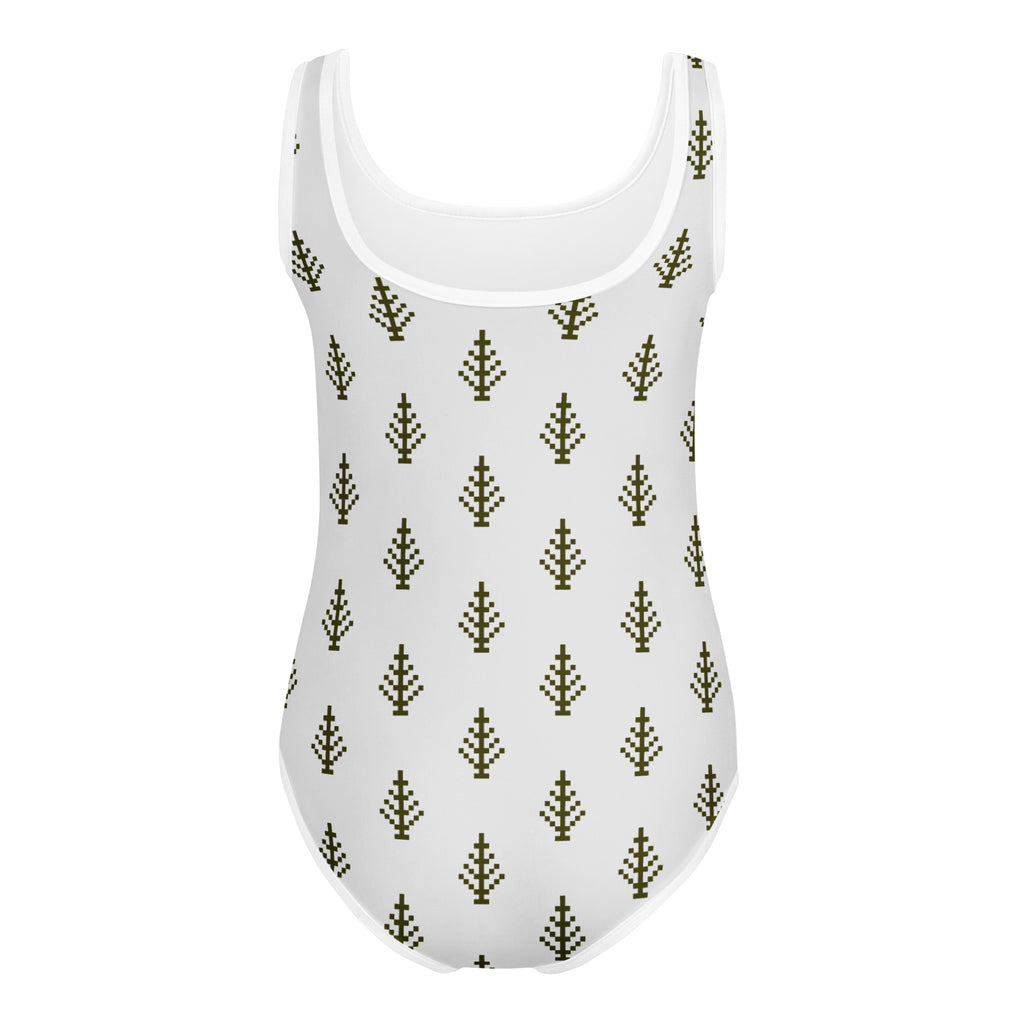 White one-piece buttery soft leotard with olive green pixelated pine trees quick drying for dance and gymnastics