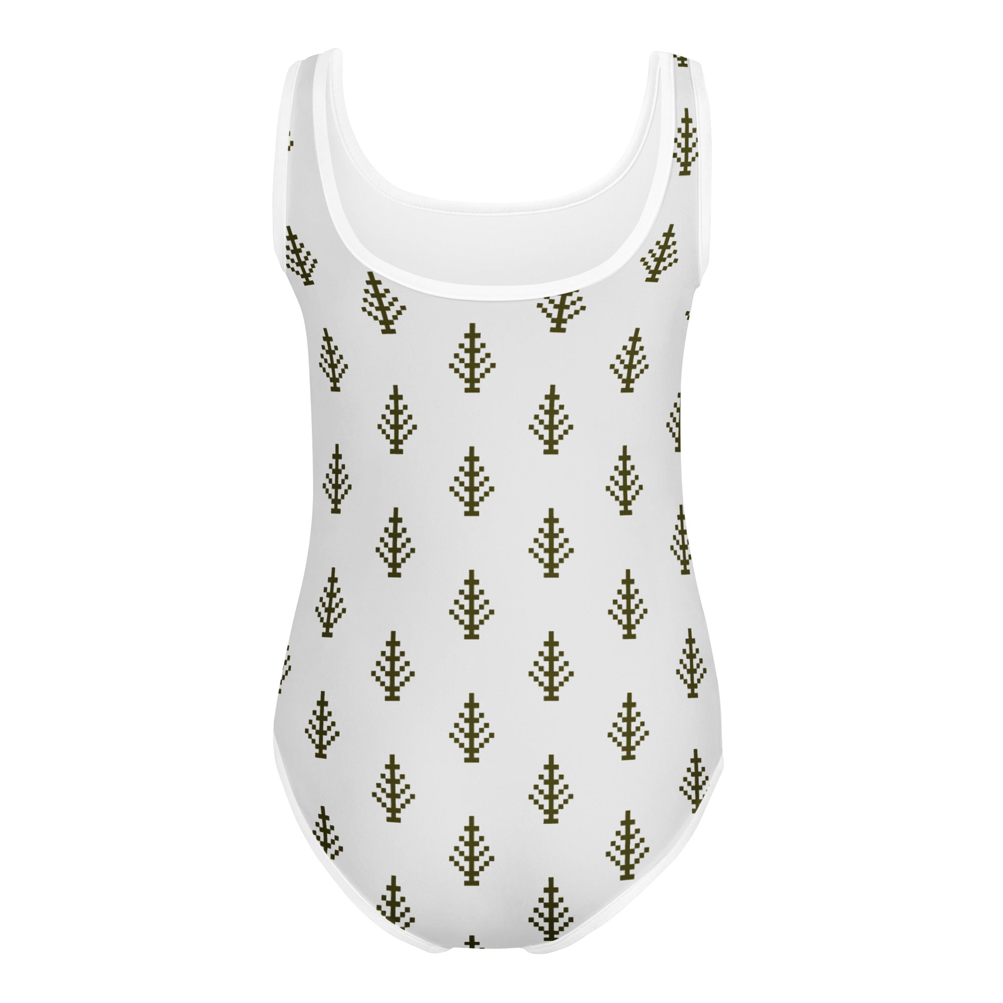 White one-piece buttery soft leotard with olive green pixelated pine trees quick drying for dance and gymnastics