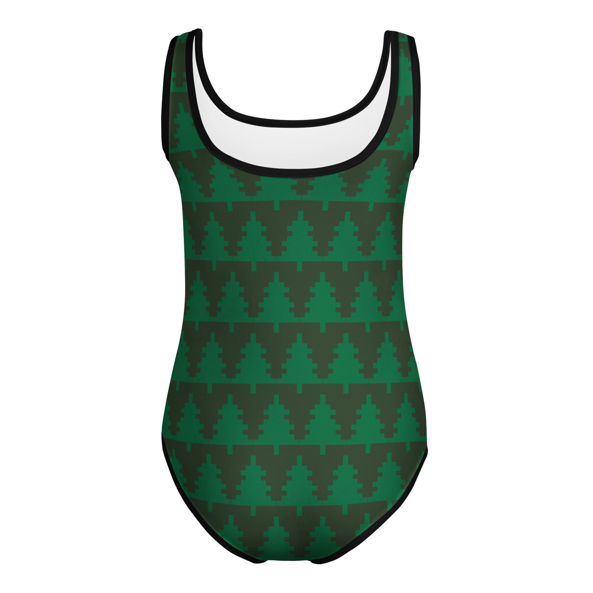 Girls dark green pixel christmas tree buttery soft one-piece swimsuit with quick drying fabric and black trim for dance and gymnastics