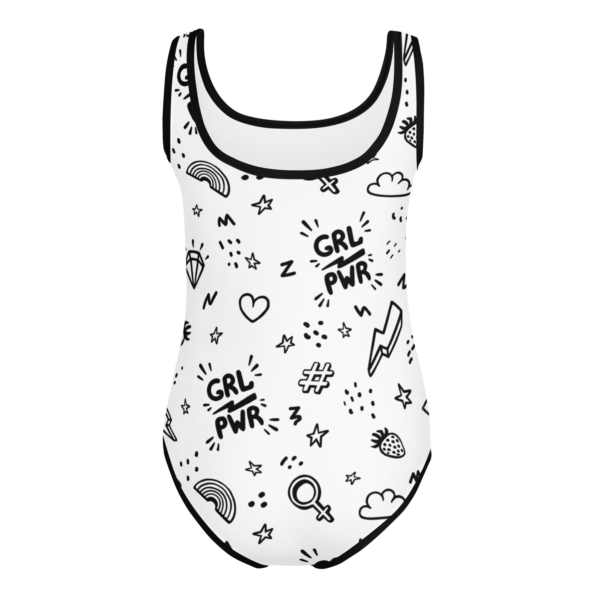 White one-piece buttery soft leotard with black outlined grl pwr graphics for quick drying dance and gymnastics use
