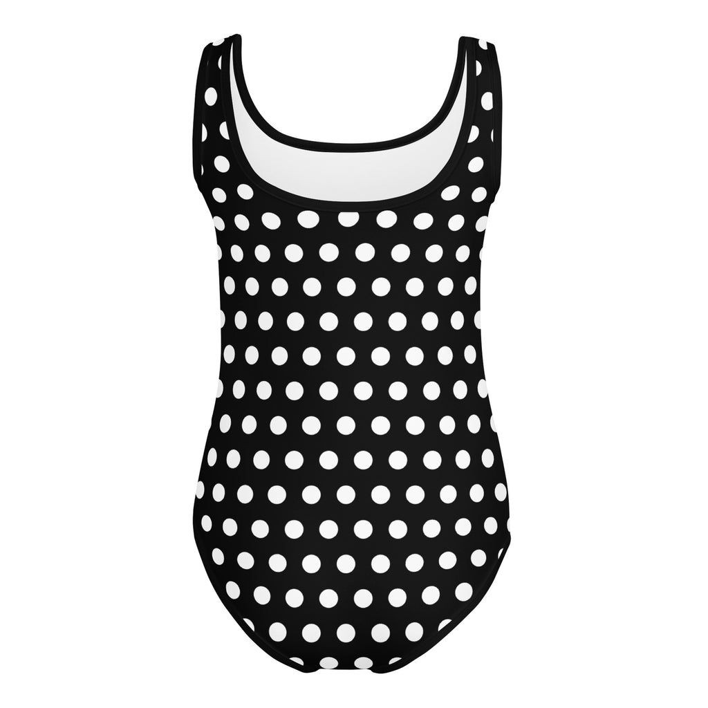 Girls black and white polka dot buttery soft one-piece swimsuit with scoop neckline quick drying for dance and gymnastics