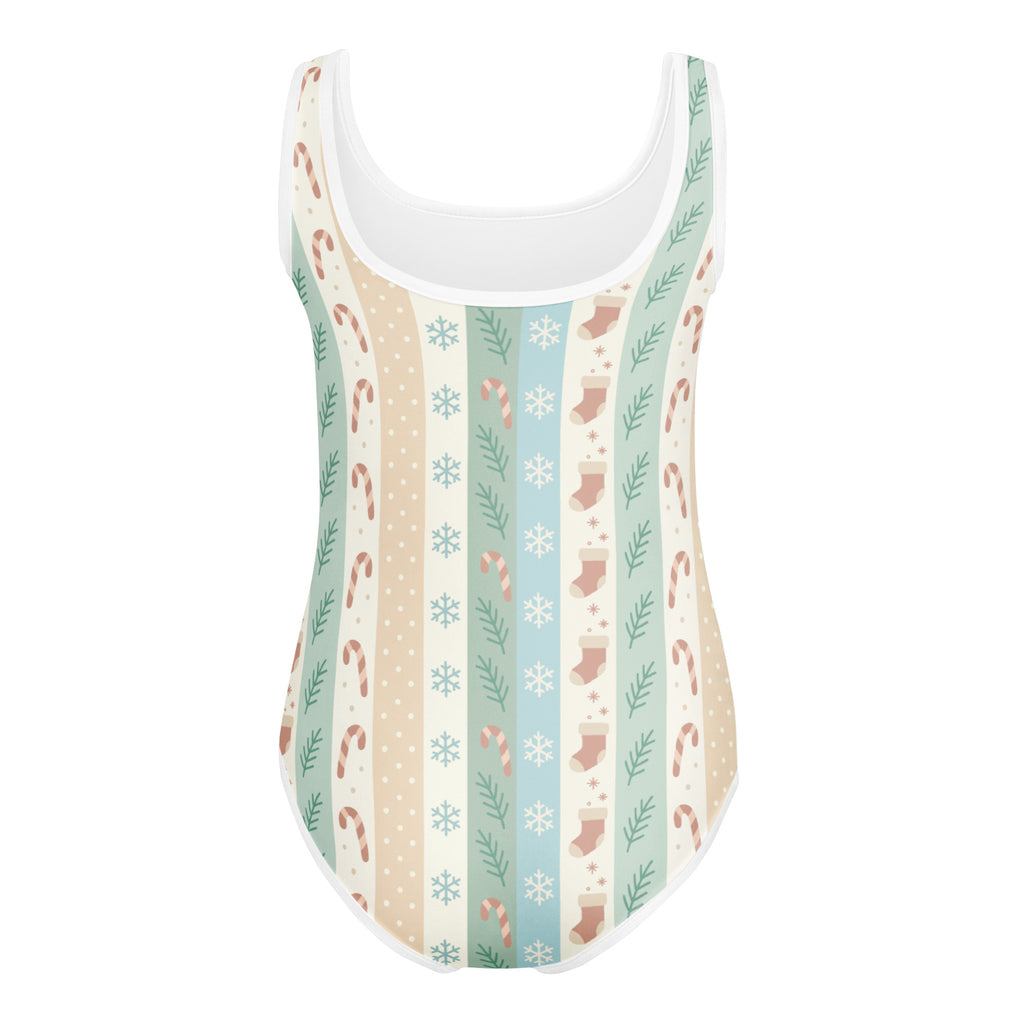 Girls pastel striped christmas buttery soft leotard with candy cane snowflake print in mint green blush pink cream