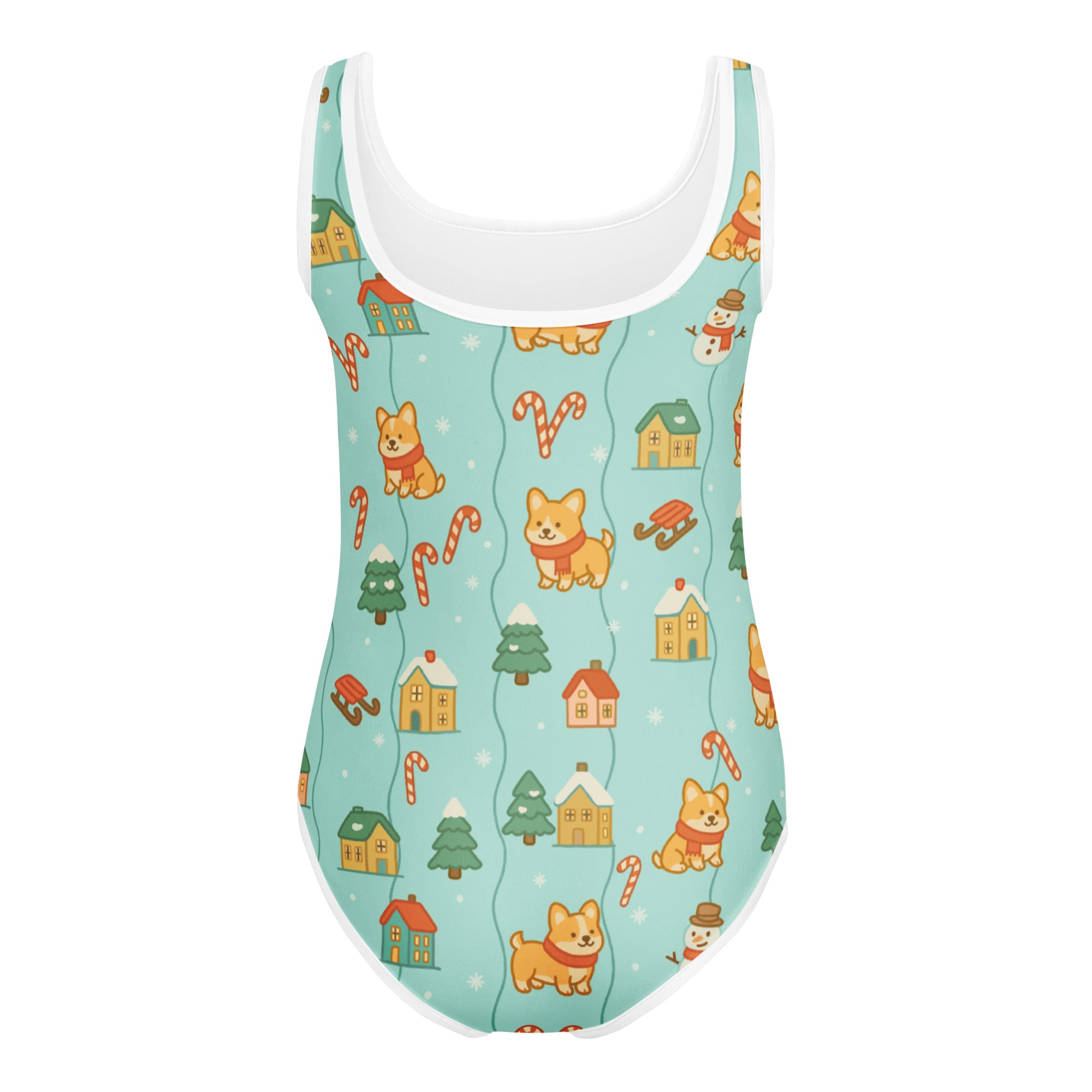 Girls teal Shiba Inu Christmas buttery soft quick drying one-piece leotard with festive corgi and holiday pattern