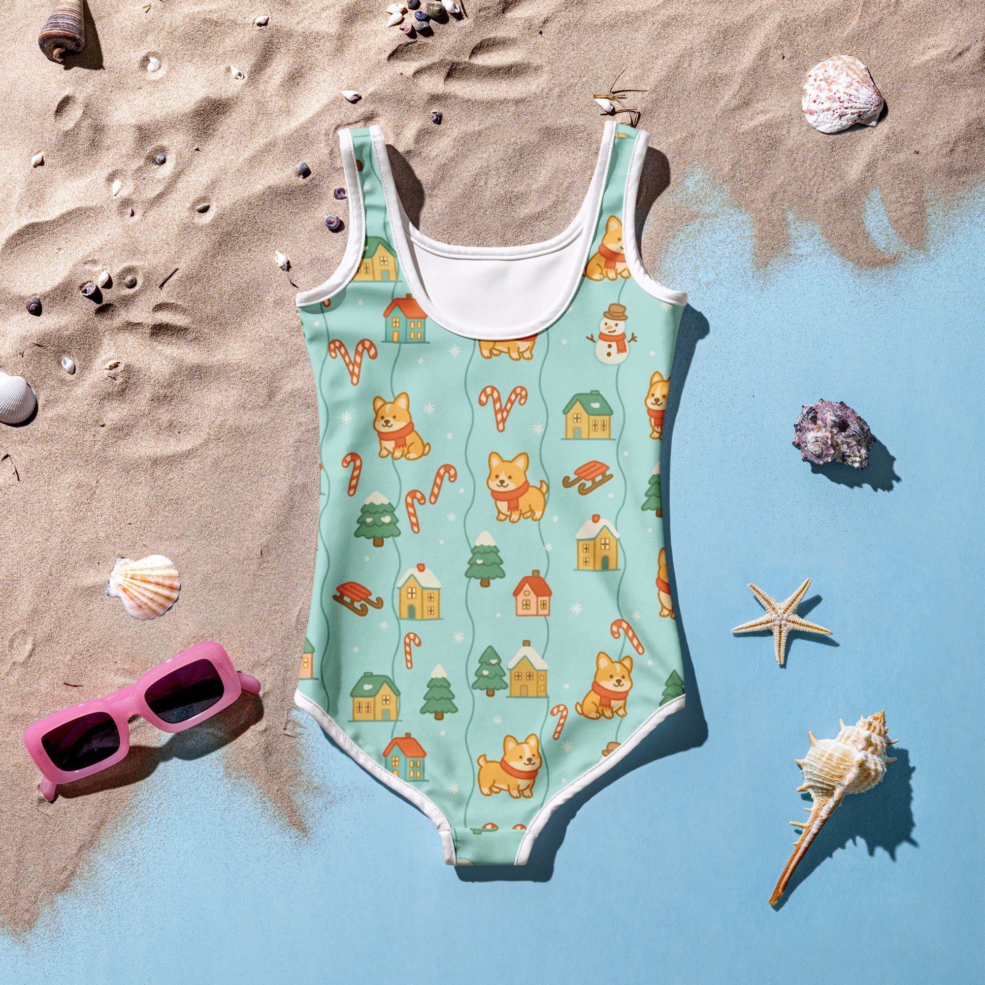 A mint green girls Christmas Shiba Inu buttery soft one-piece swimsuit with white trim and festive corgi print with UPF 50+