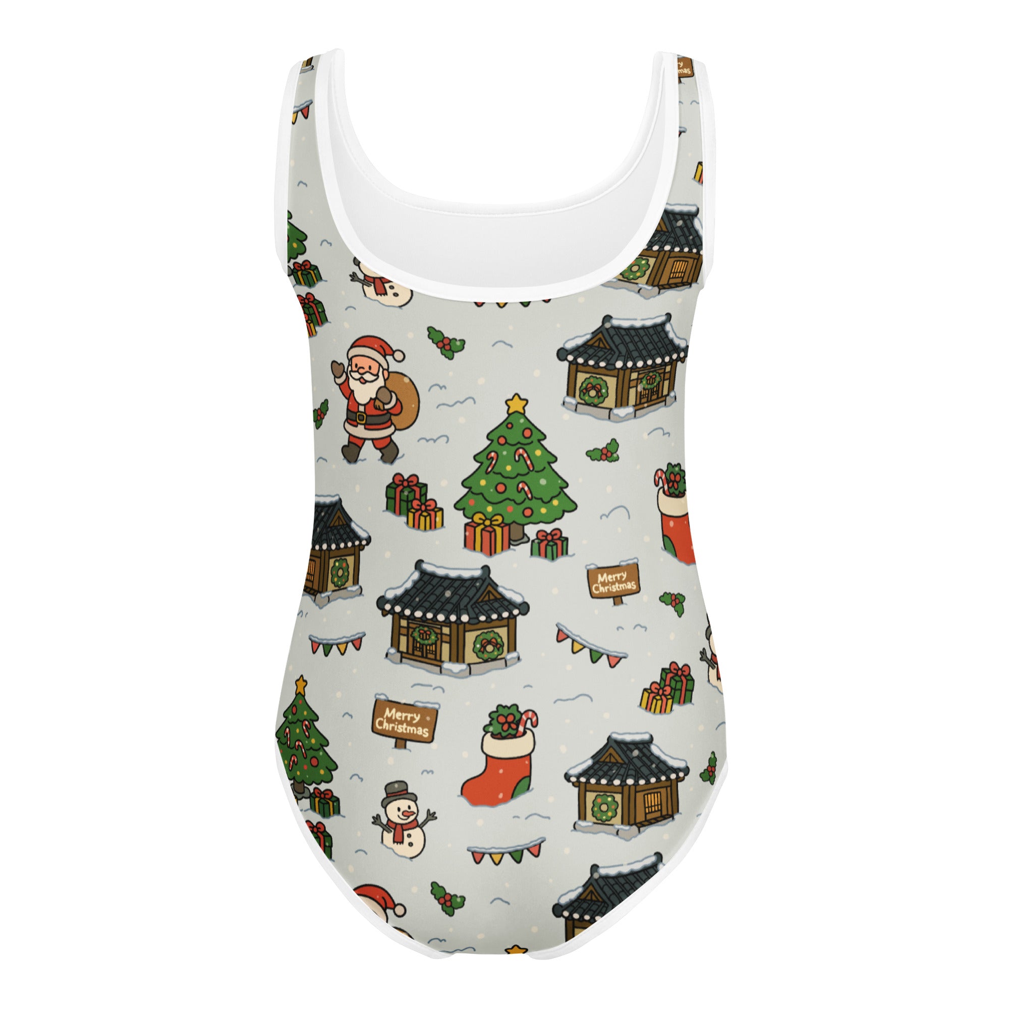 Festive gray one-piece girls santa village christmas buttery soft quick drying leotard with santa snowmen trees and korean houses