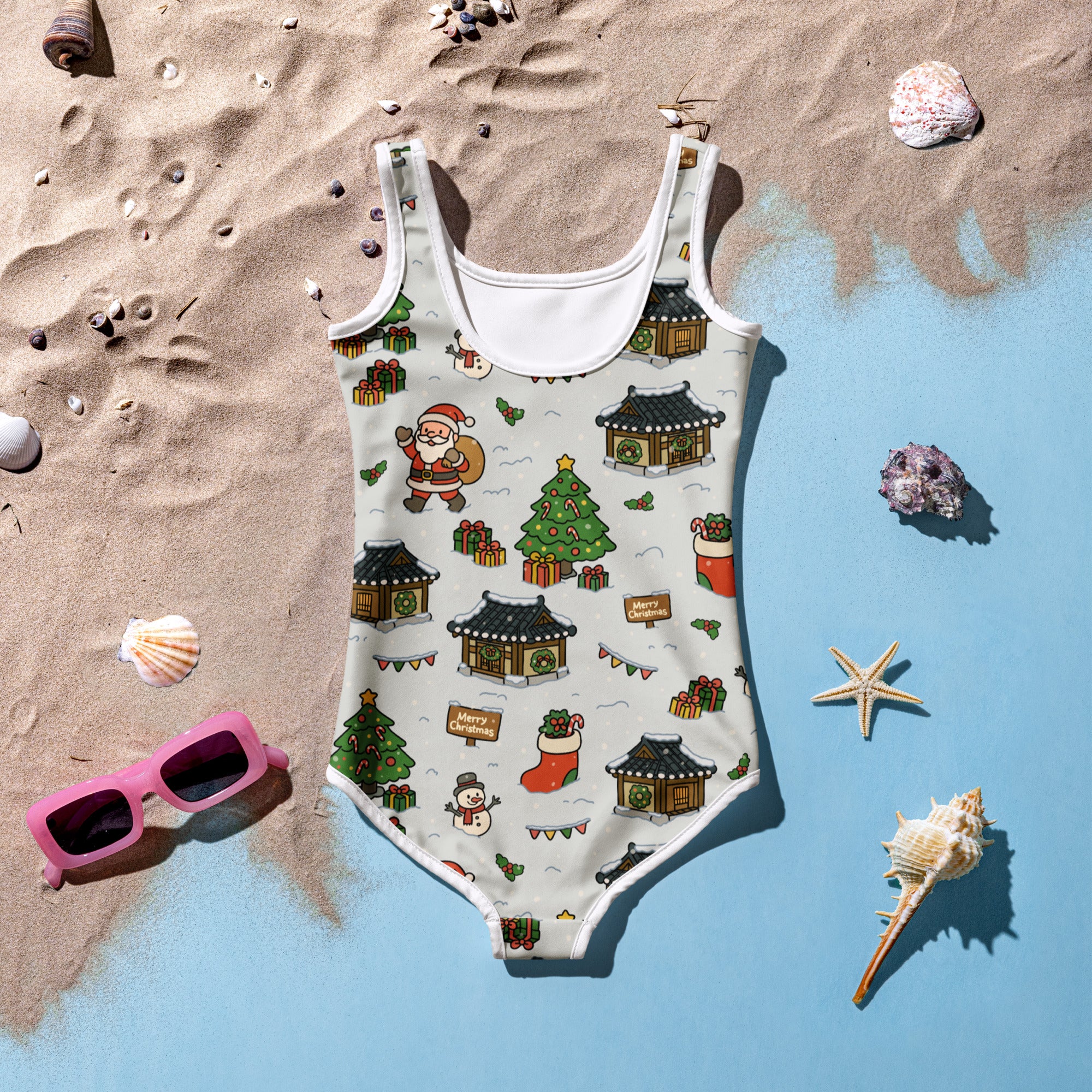 Girls santa and christmas village buttery soft one-piece swimsuit with upf 50 plus light gray base festive print