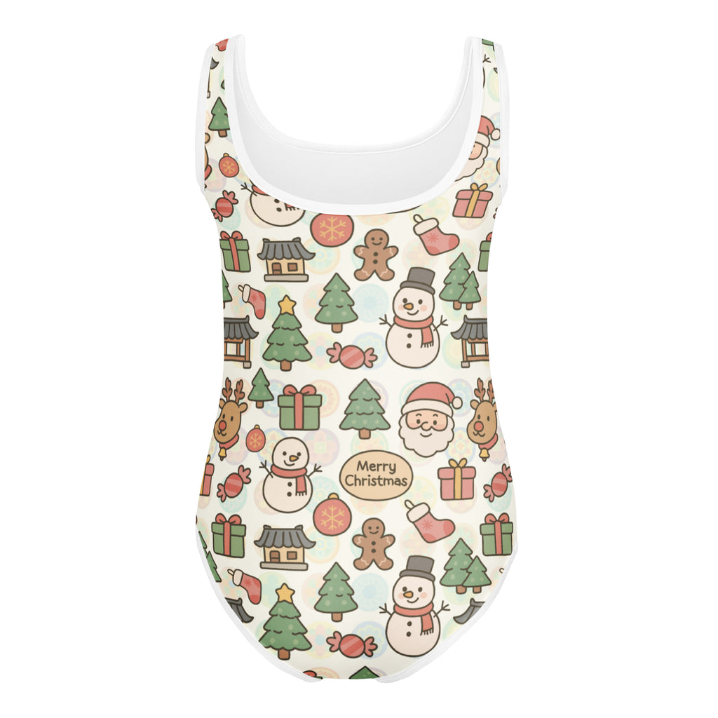 Girls merry christmas buttery soft one-piece swimsuit in pastel festive print for dance and gymnastics quick drying
