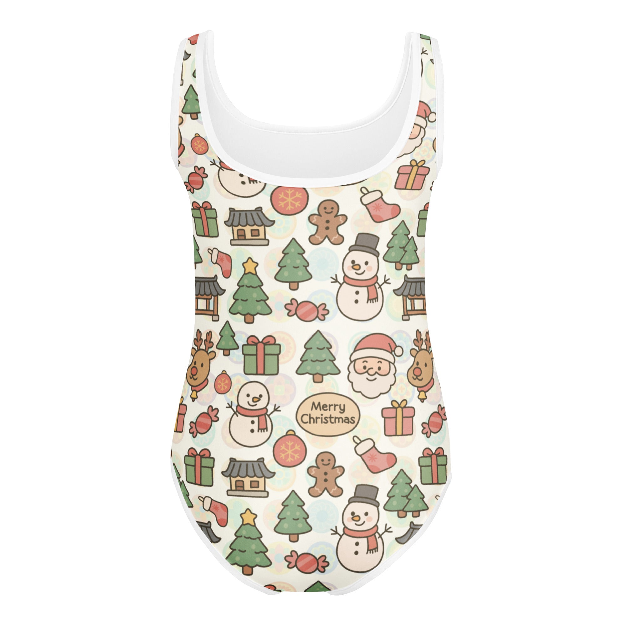 Girls merry christmas buttery soft one-piece swimsuit in pastel festive print for dance and gymnastics quick drying