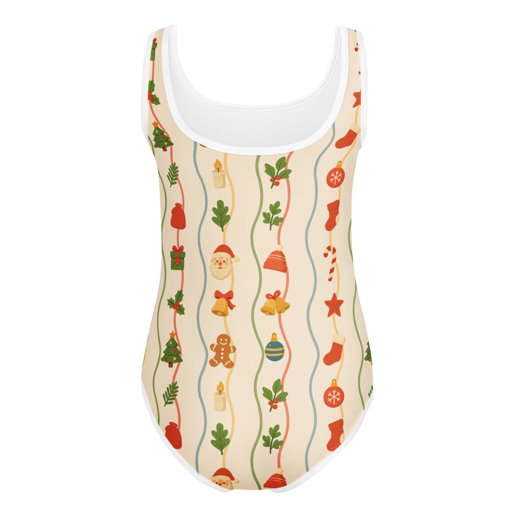 A festive beige buttery soft girls one-piece swimsuit with christmas-themed santa and candy cane pattern for dance and gymnastics